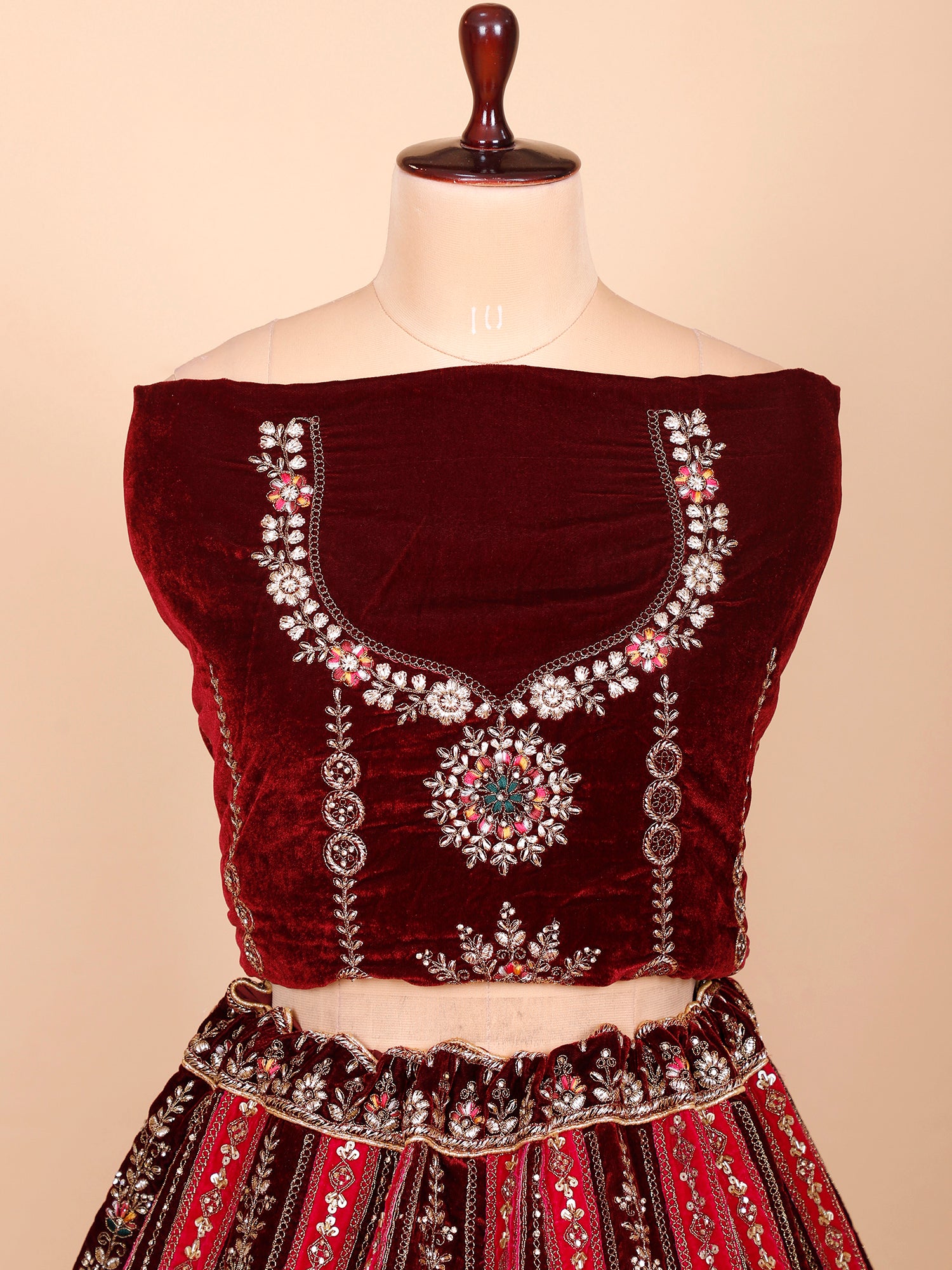 Bridal Lehenga In Velvet With Patch Work