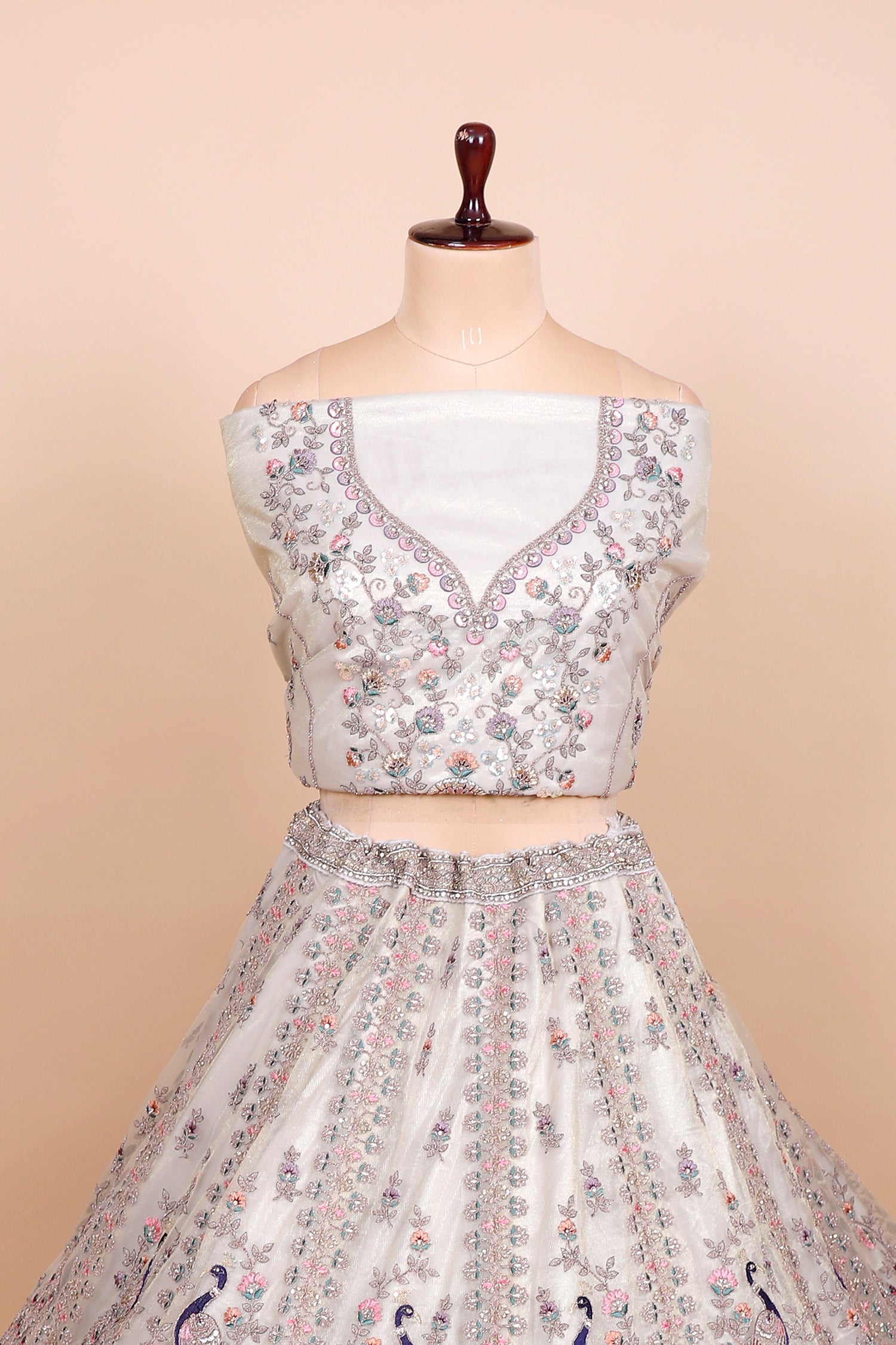 Off-White Shimmer Lehenga With Elegant Jarkan Embroidery