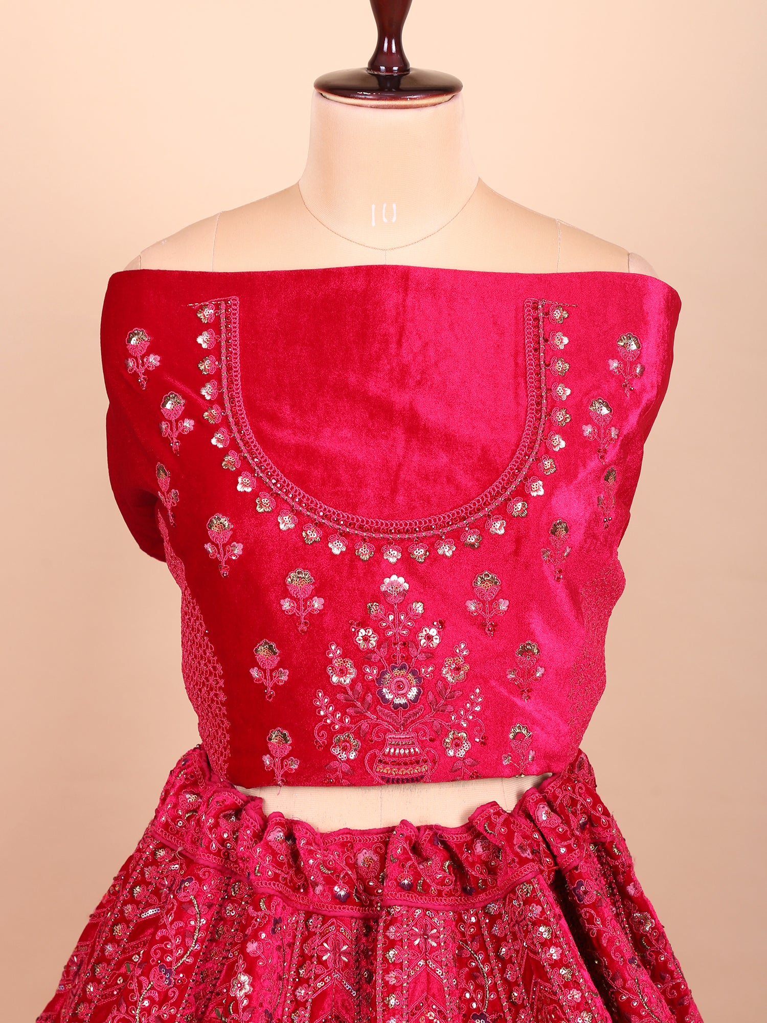 Bridal Rani Velvet Lehenga With Jarkan Detailing
