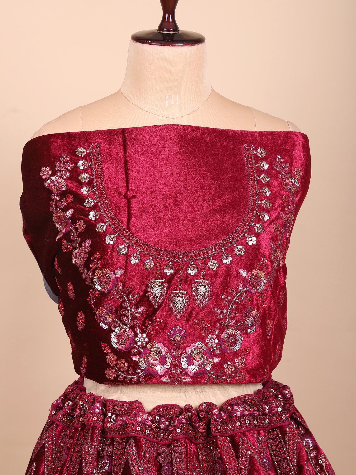 Classic Maroon Bridal Lehenga With Velvet & Mirror Charm