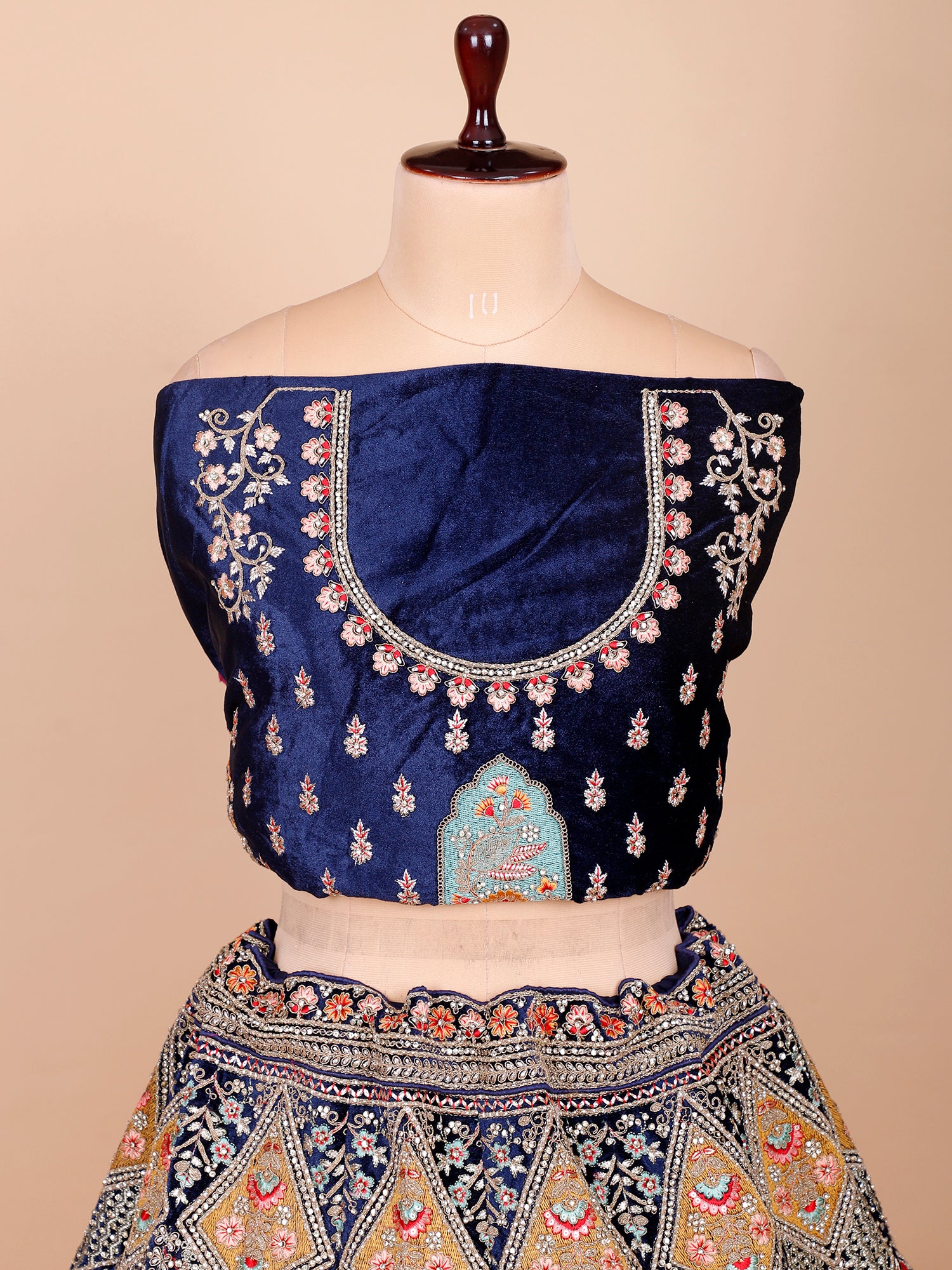Blue Velvet Bridal Lehenga With Multi Work