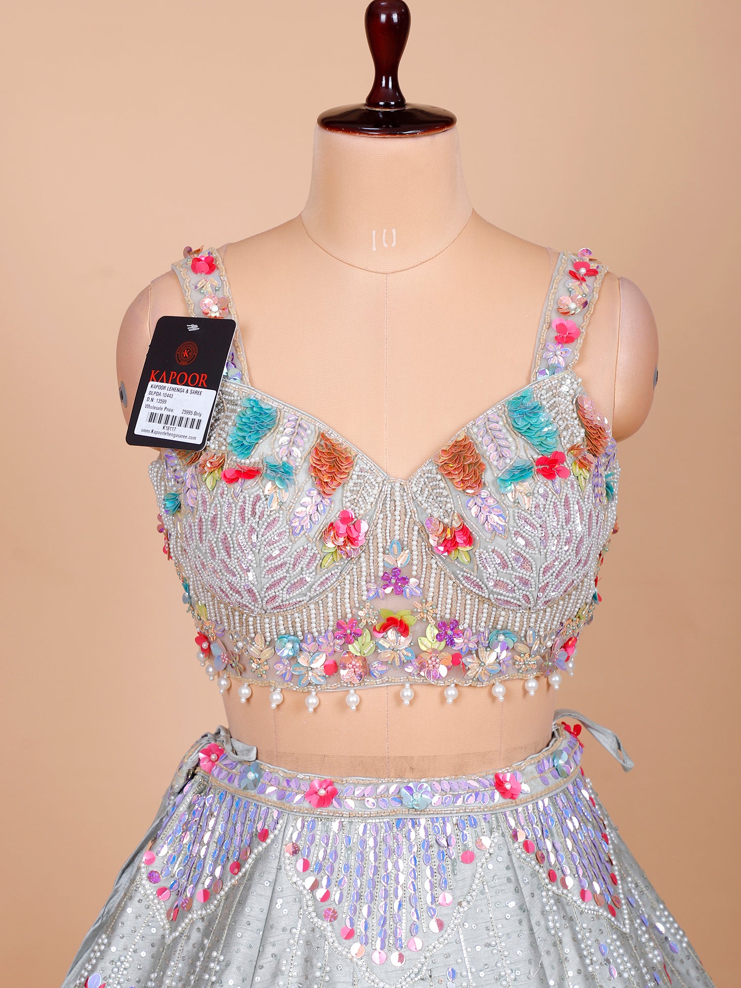 Grey Multi Silk Lehenga With Beads, Jarkan