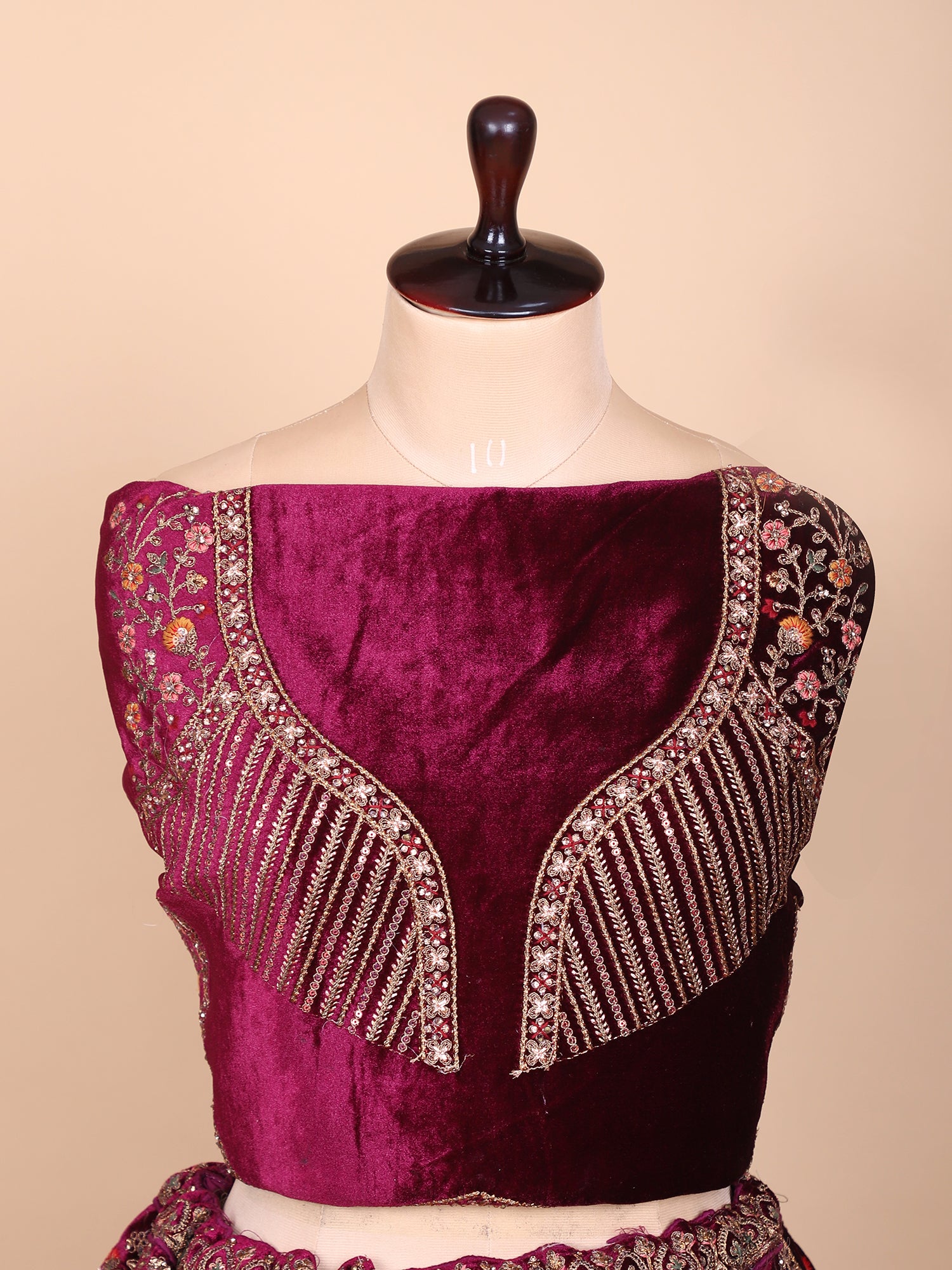 Maroon Velvet Lehenga With Jarkan Stones & Fine Thread Embroidery