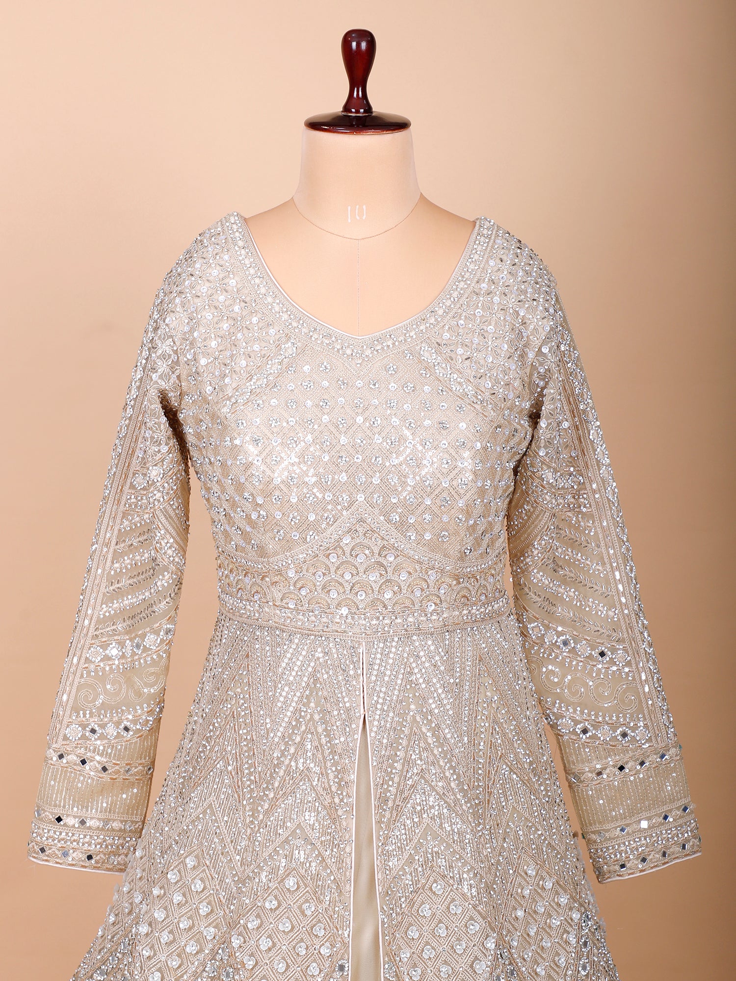 Champagne Net Designer Mirror Gown