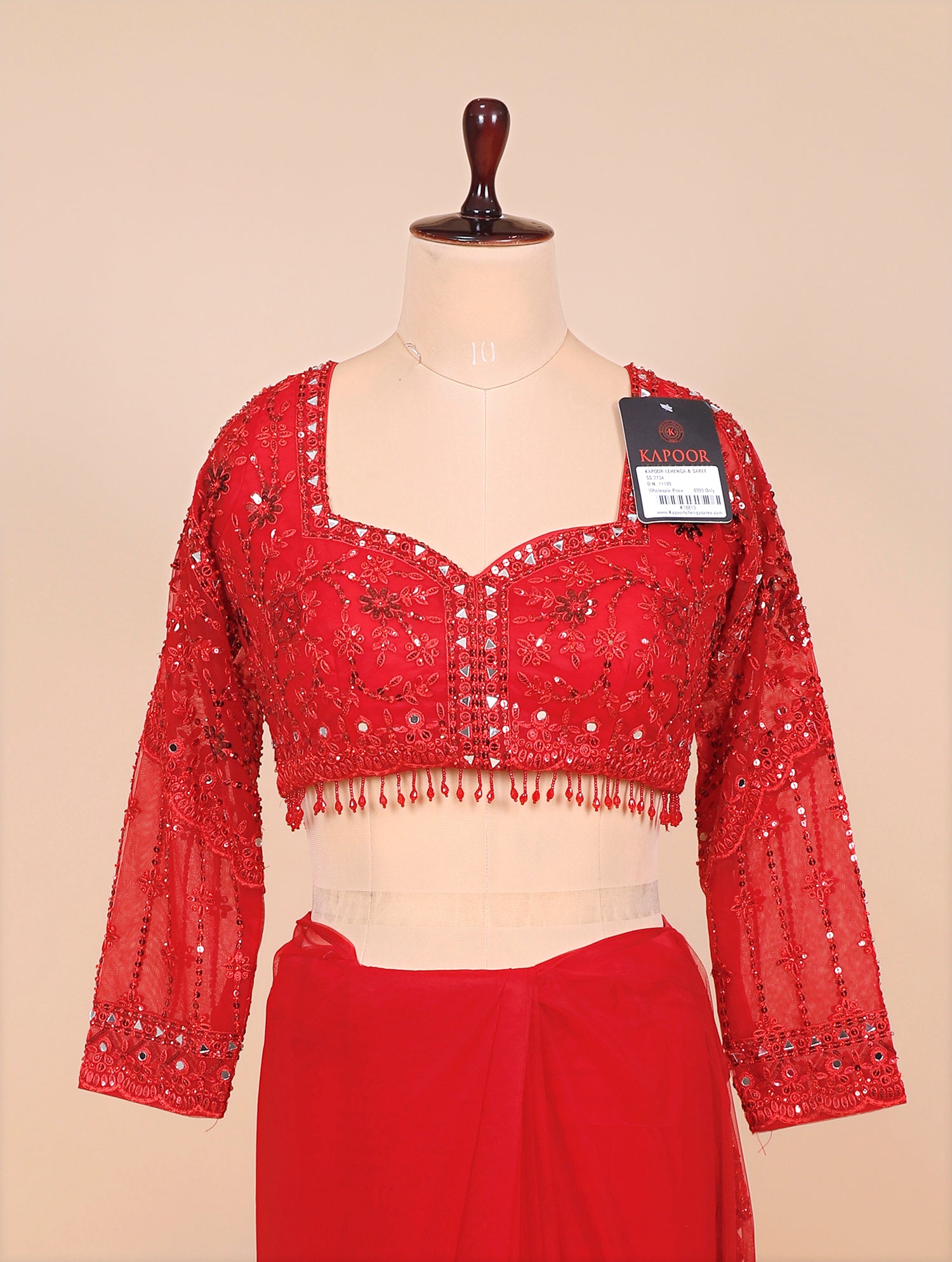 Red Net Mirror Work Saree With Readymade Blouse