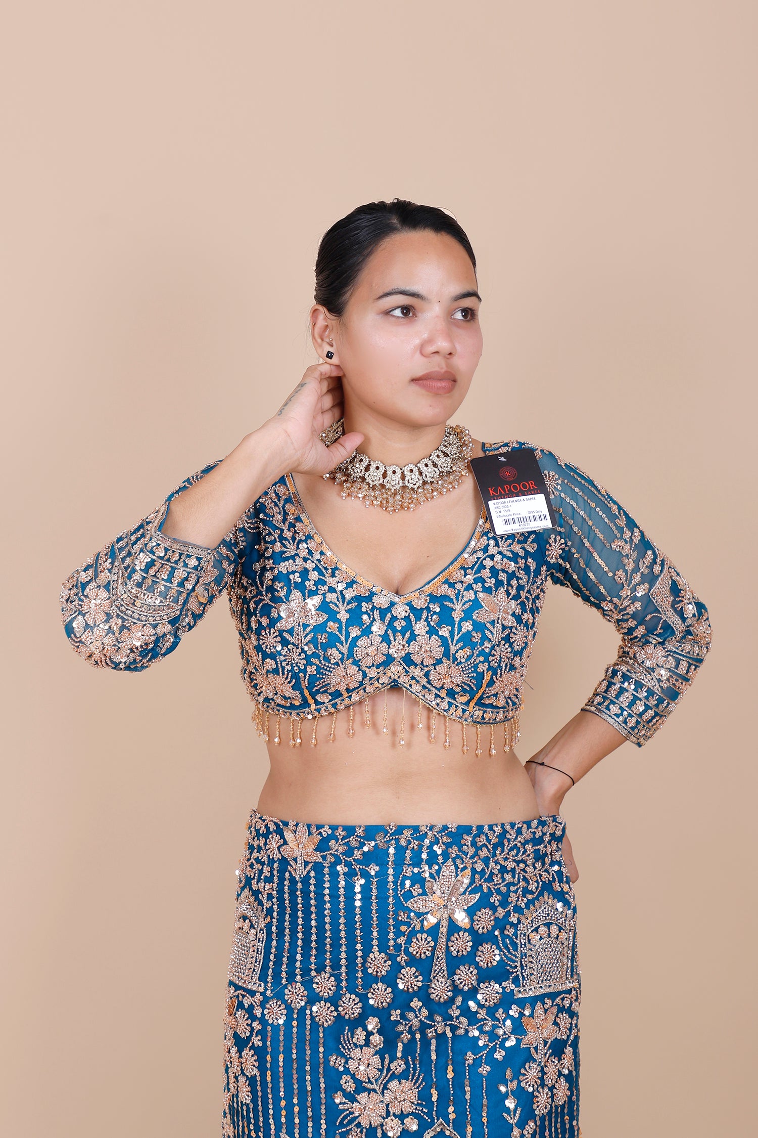 Blue Net Embroidered Beaded Crop Top