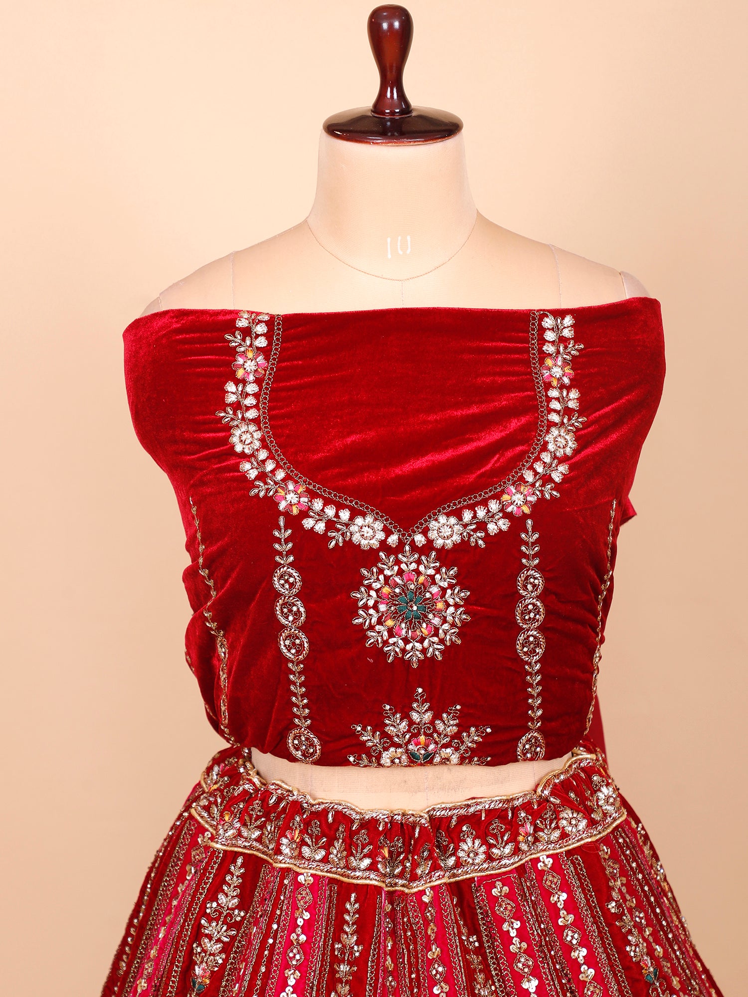 Red Velvet Lehenga With Intricate Embroiderry