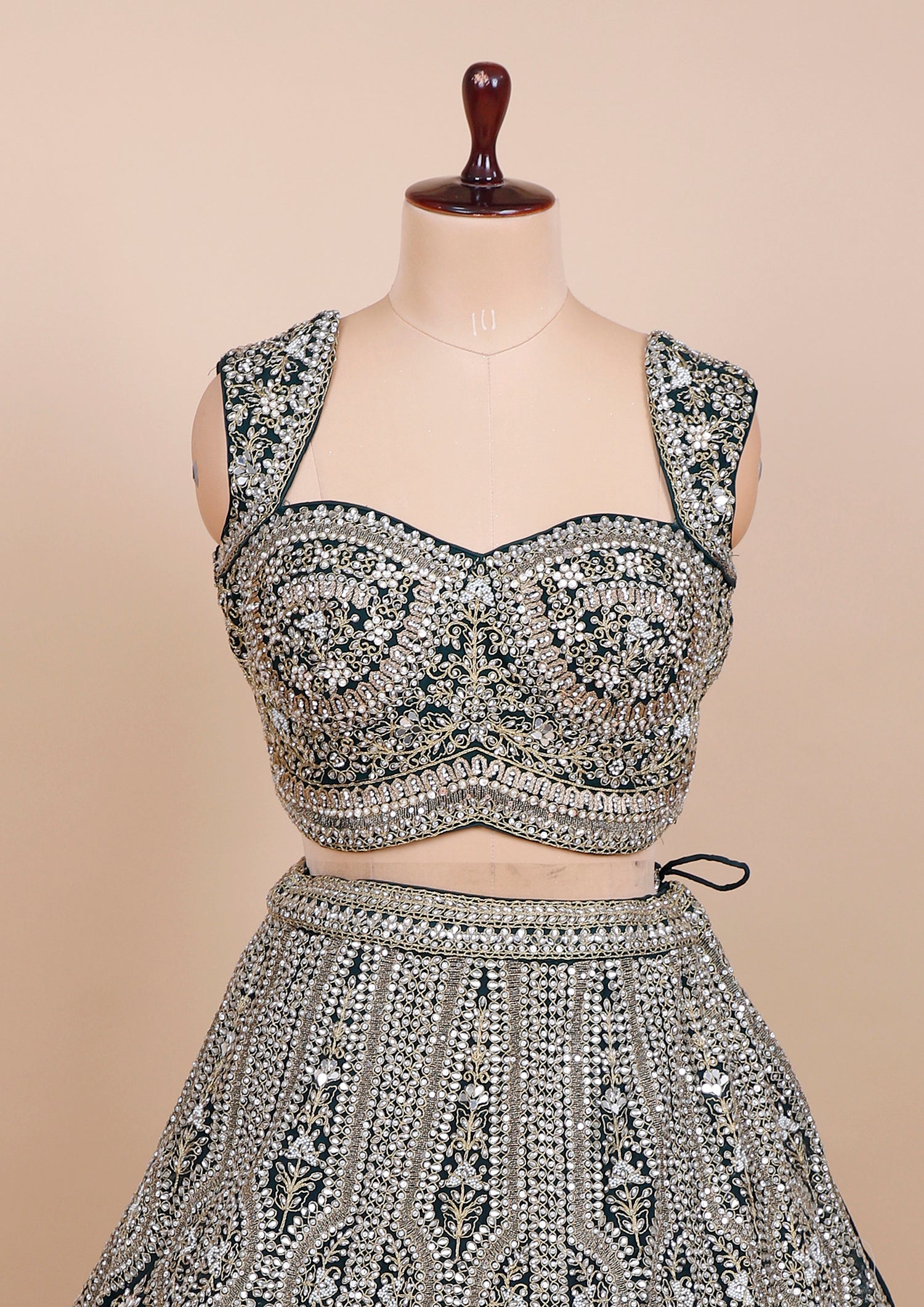 Emerald Green Net Lehenga With Mirror Jarkan Sparkle