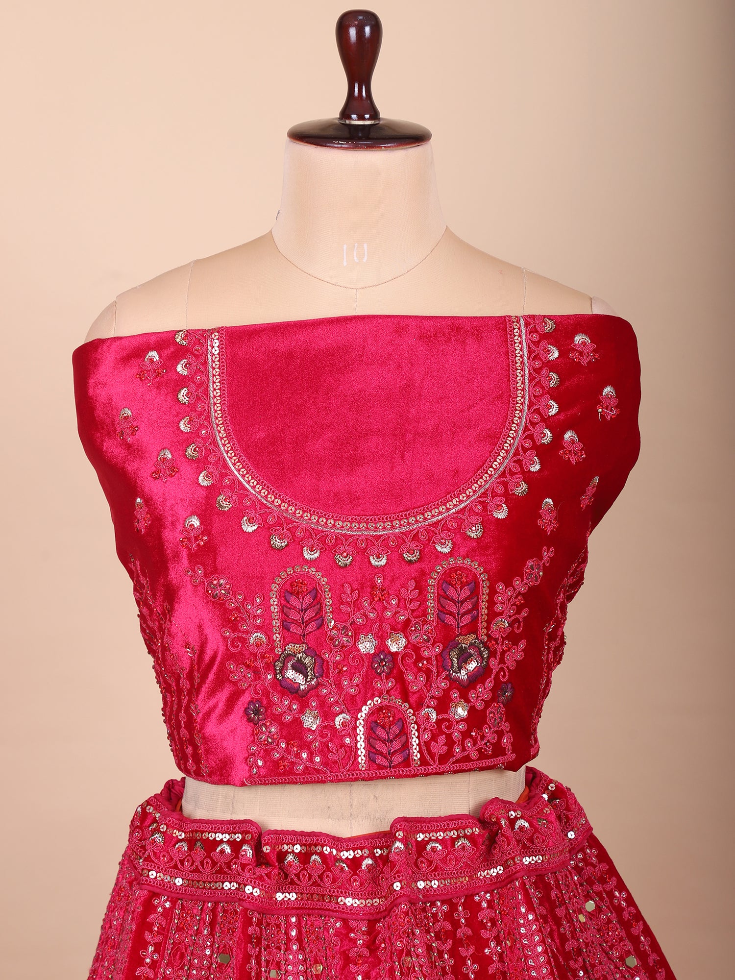 Radiant Rani Velvet Bridal Lehenga With Jarkan Mirror Detailing