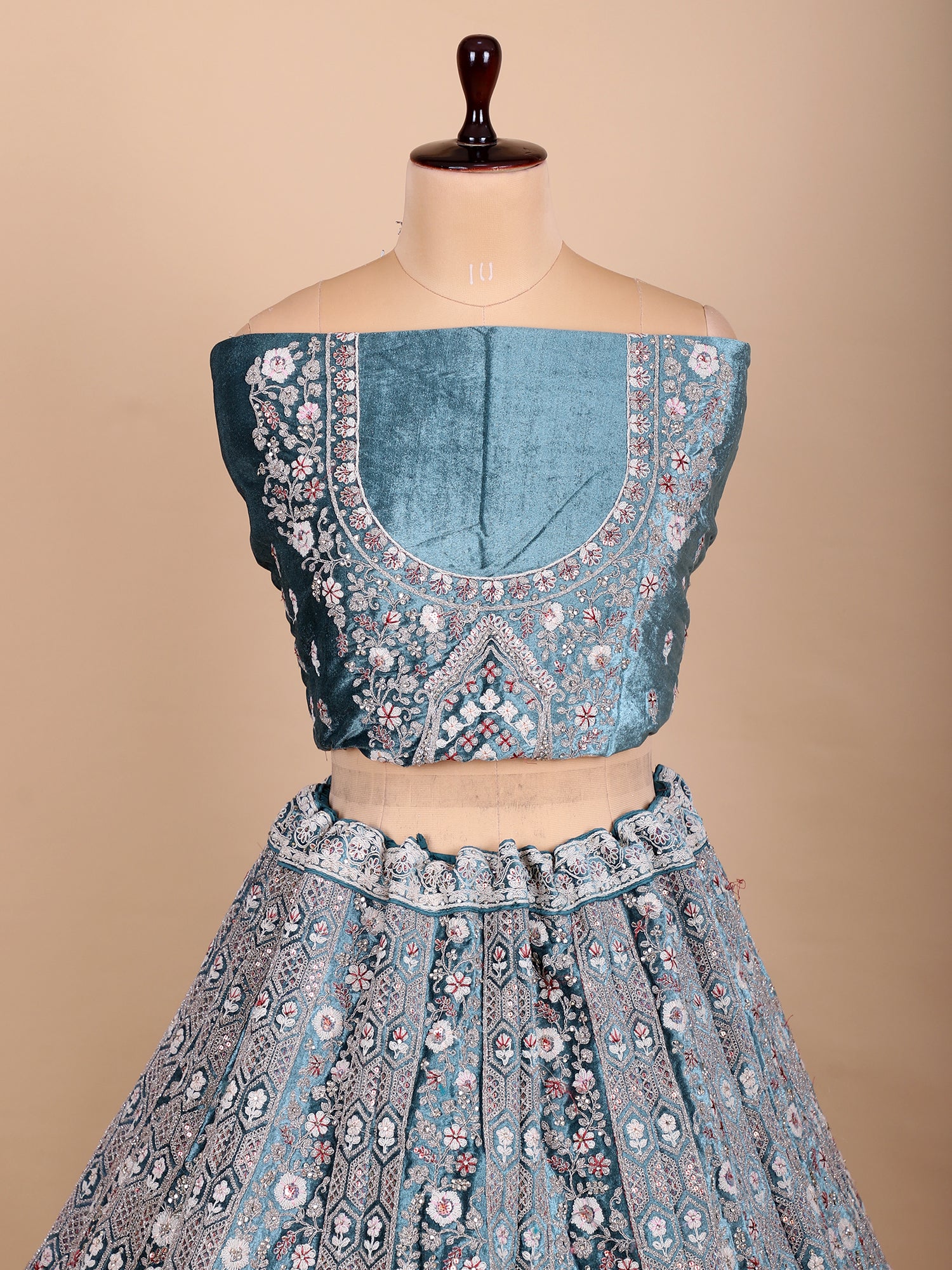 Rama Blue Velvet Mirror Jarkan Bridal Lehenga