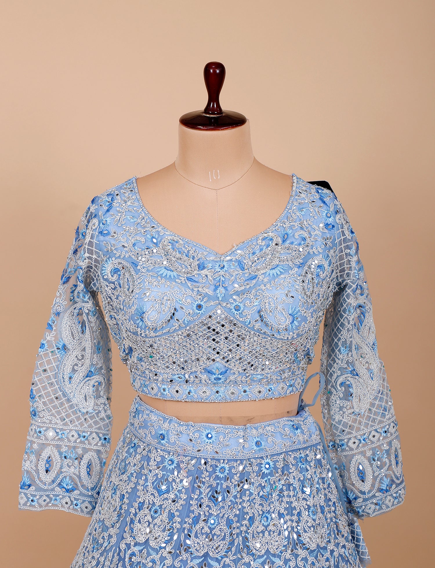 Sky Blue Net Embroidered Crop Top With Mirror