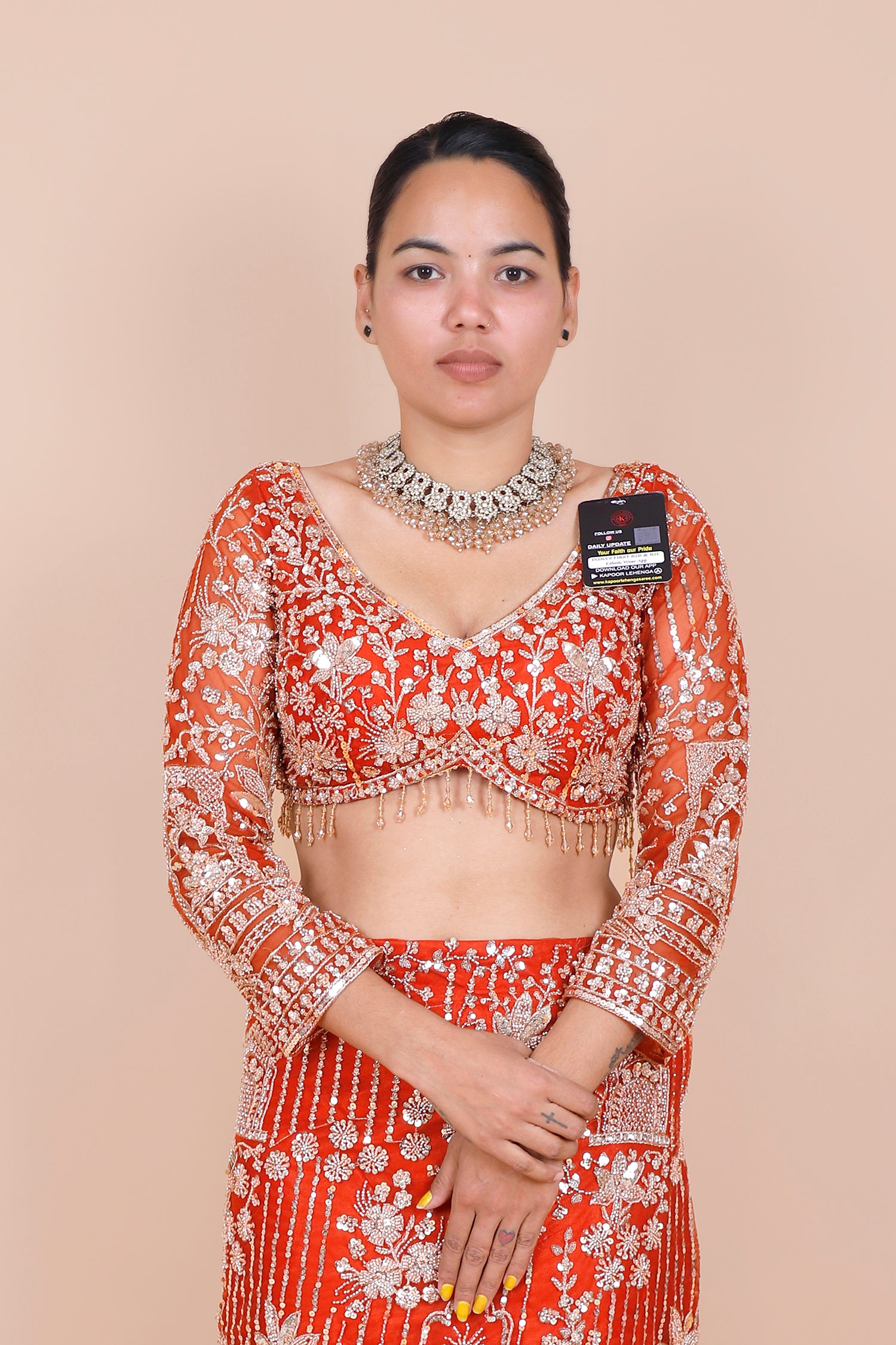 Rust Net Embroidered Beaded Crop Top