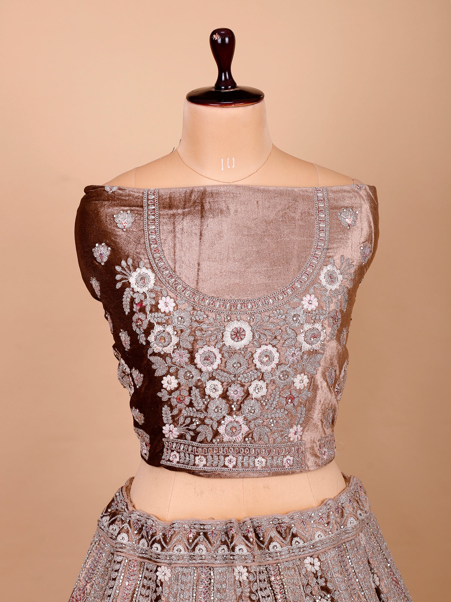 Chikoo Velvet Lehenga With Jarkan Work