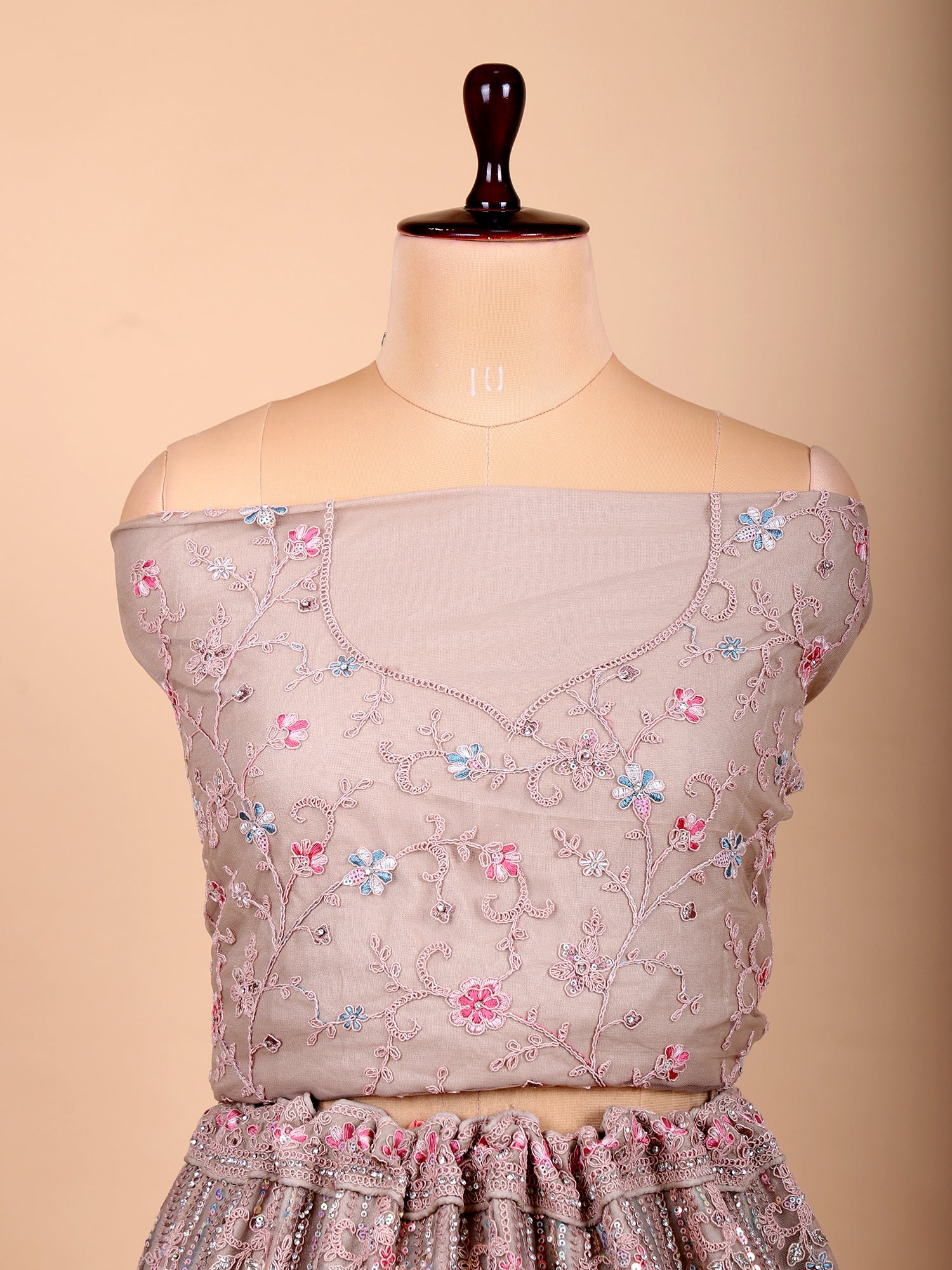 Peach Lehenga With Thread And Mirror Work