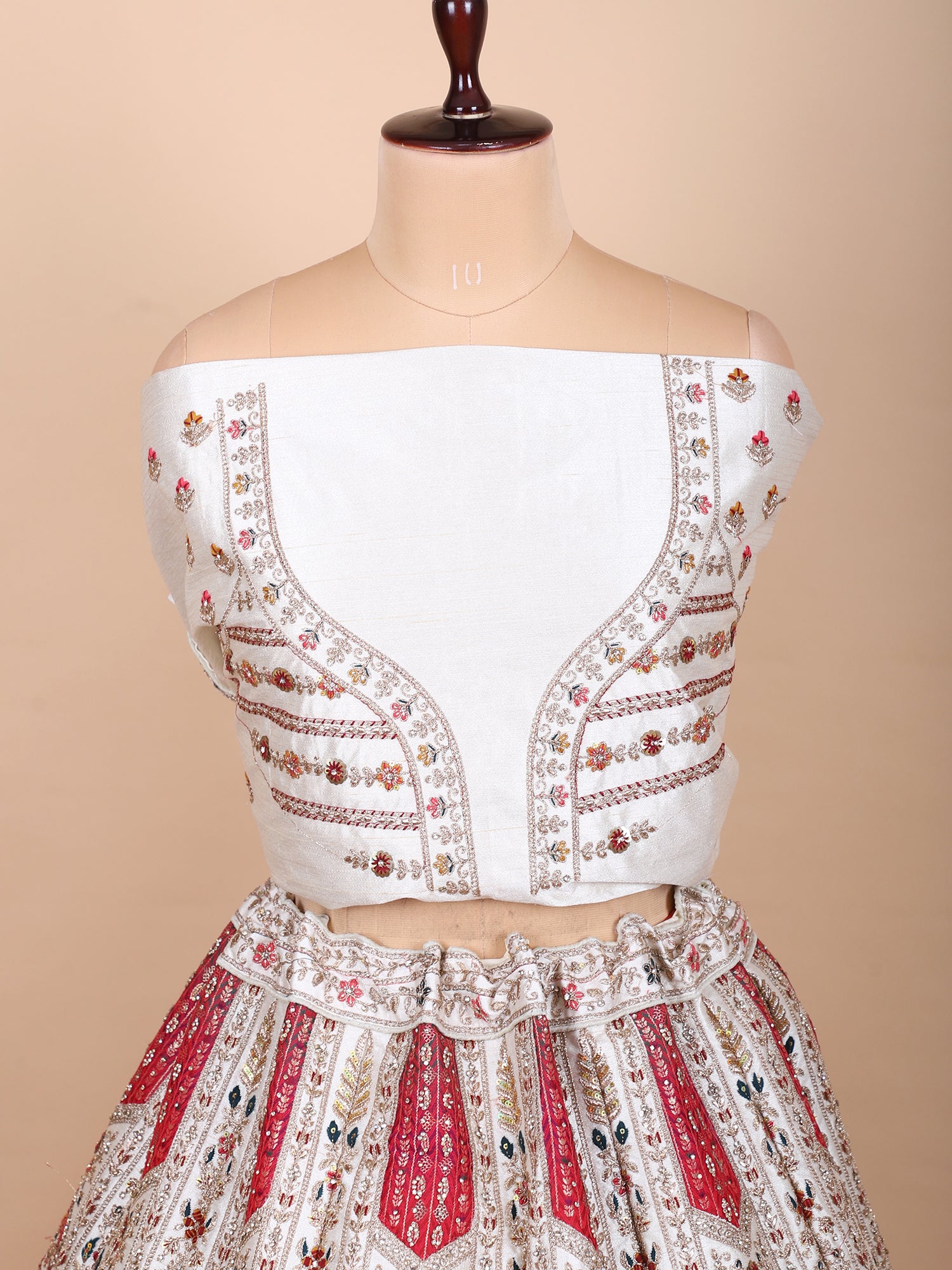 Off-White Silk Lehenga With Hand Embroidery