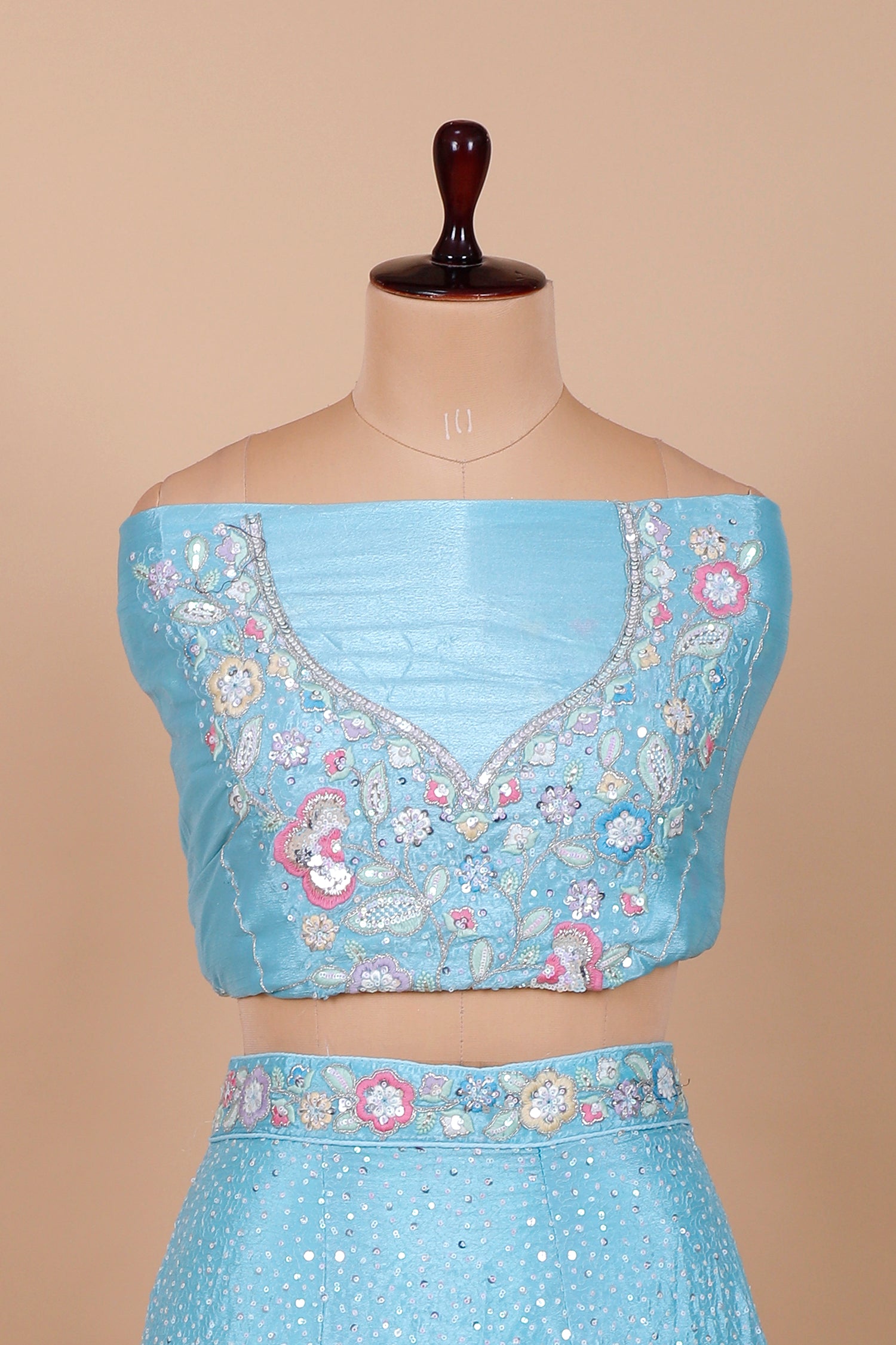 Sky Blue Chinon Lehenga With Thread