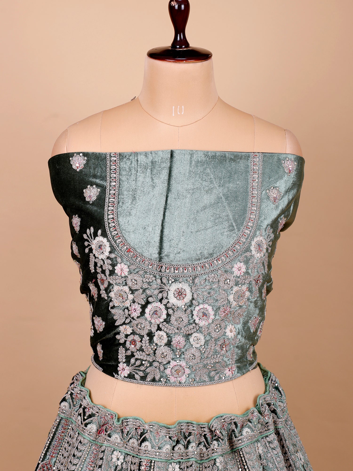 Pista Velvet Lehenga With Jarkan Work