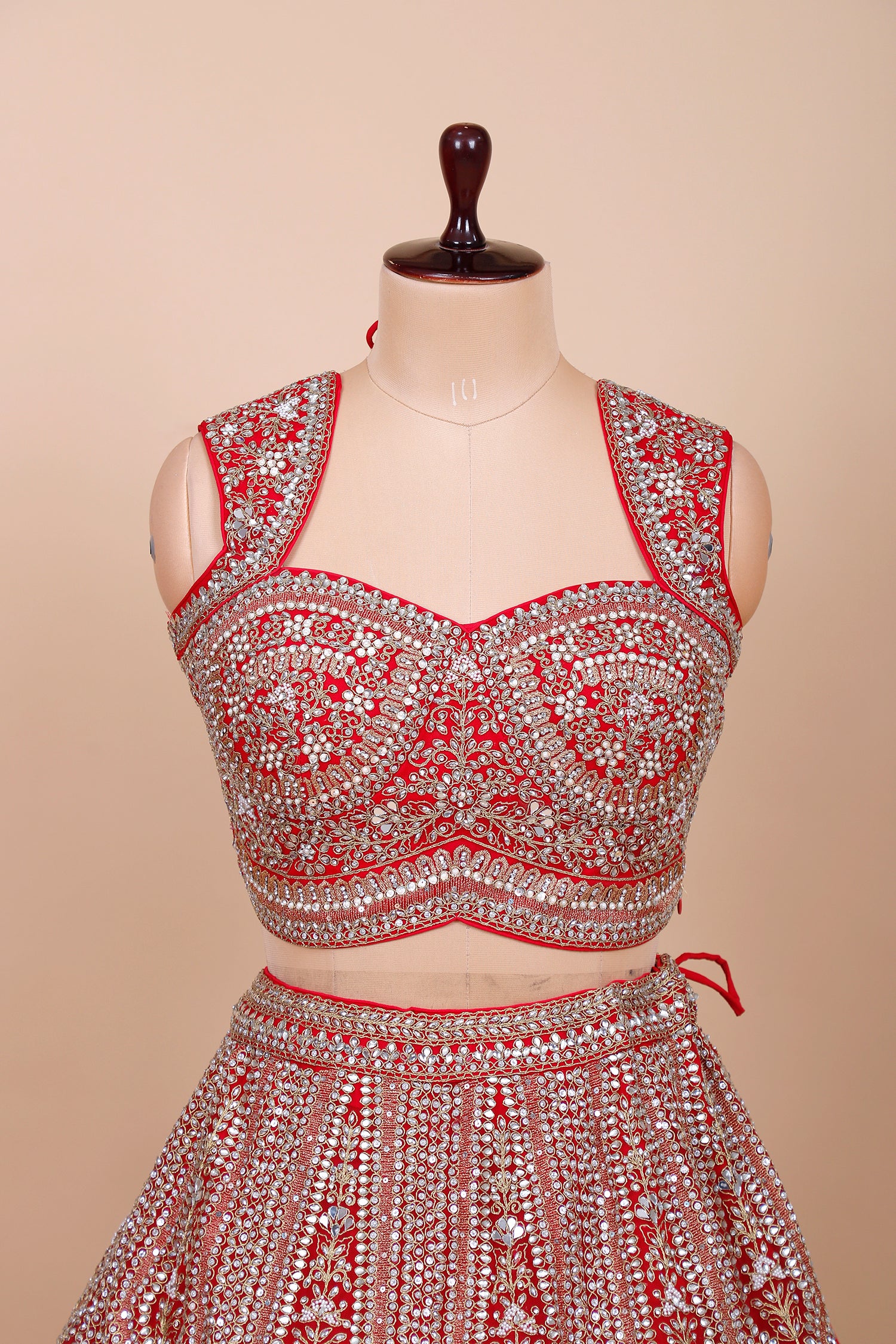 Scarlet Red Net Lehenga With Mirror Jarkan