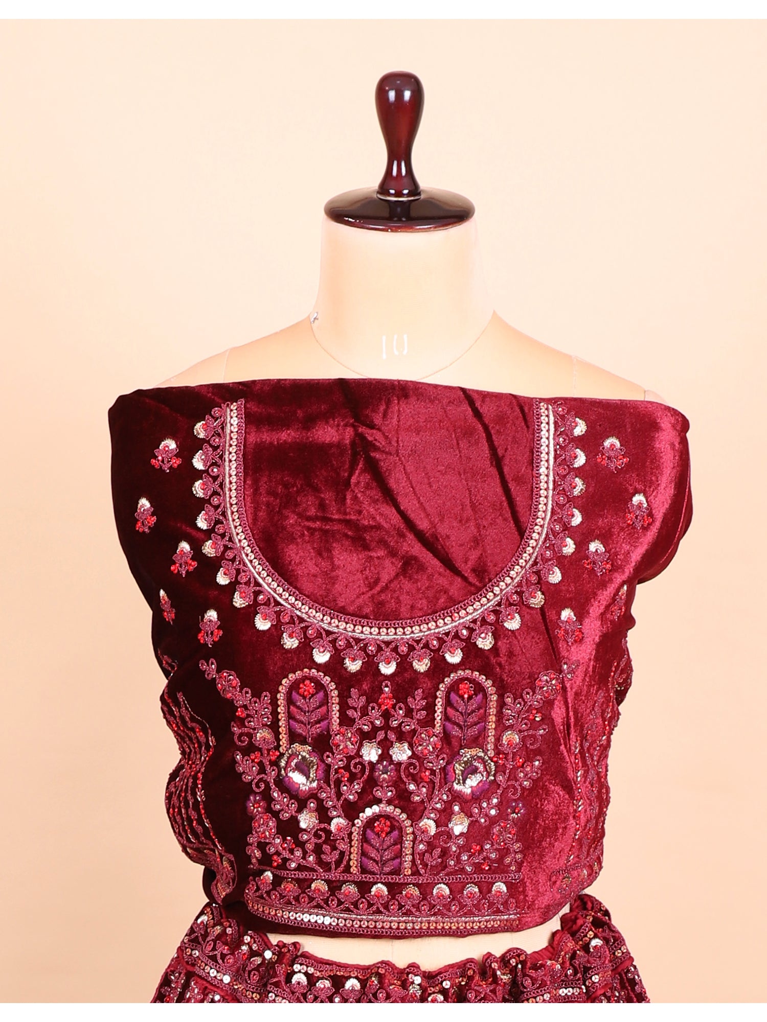 Opulent Maroon Jarkan Mirror Velvet Bridal Lehenga