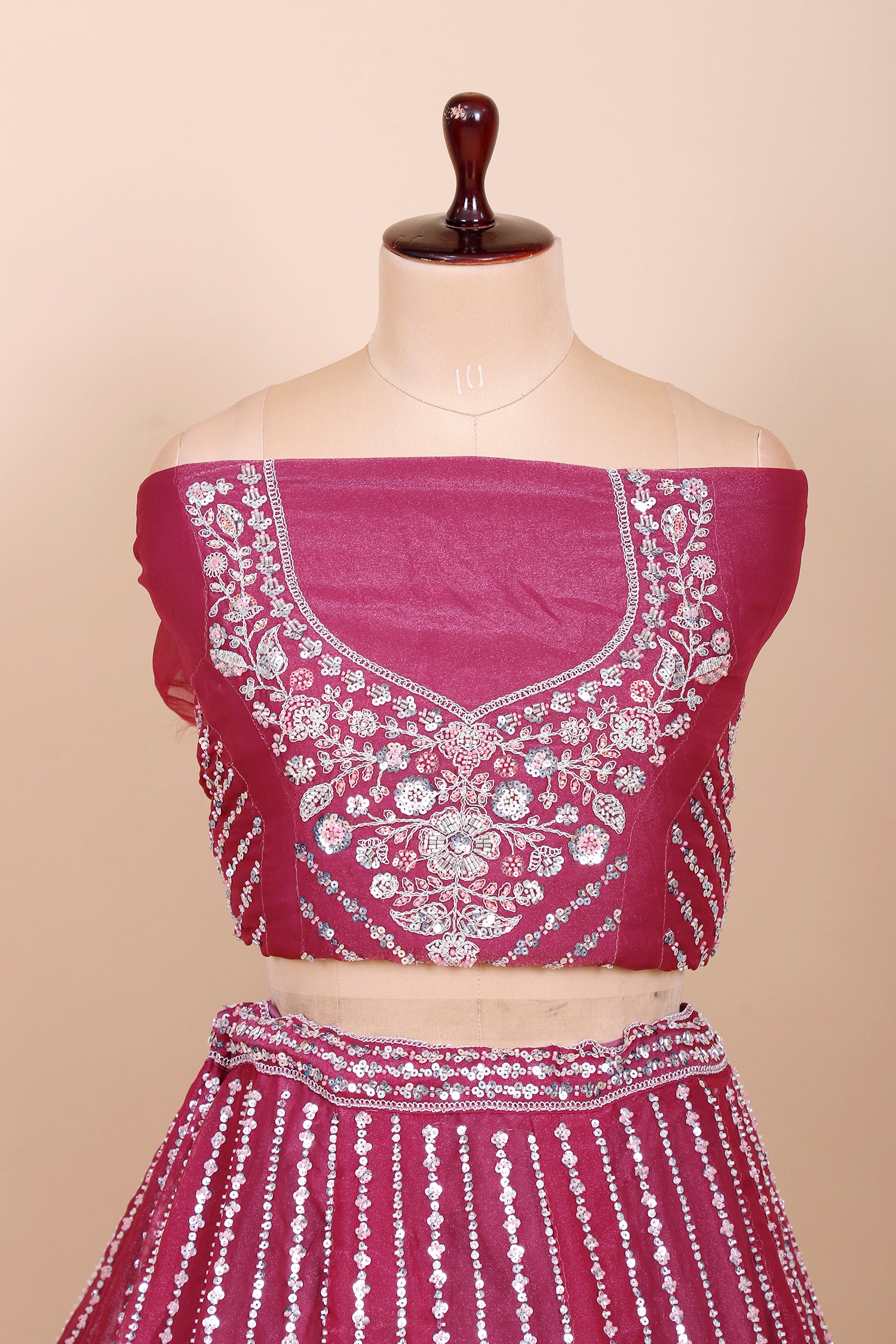 Red-Purple Shimmer Lehenga With Beads