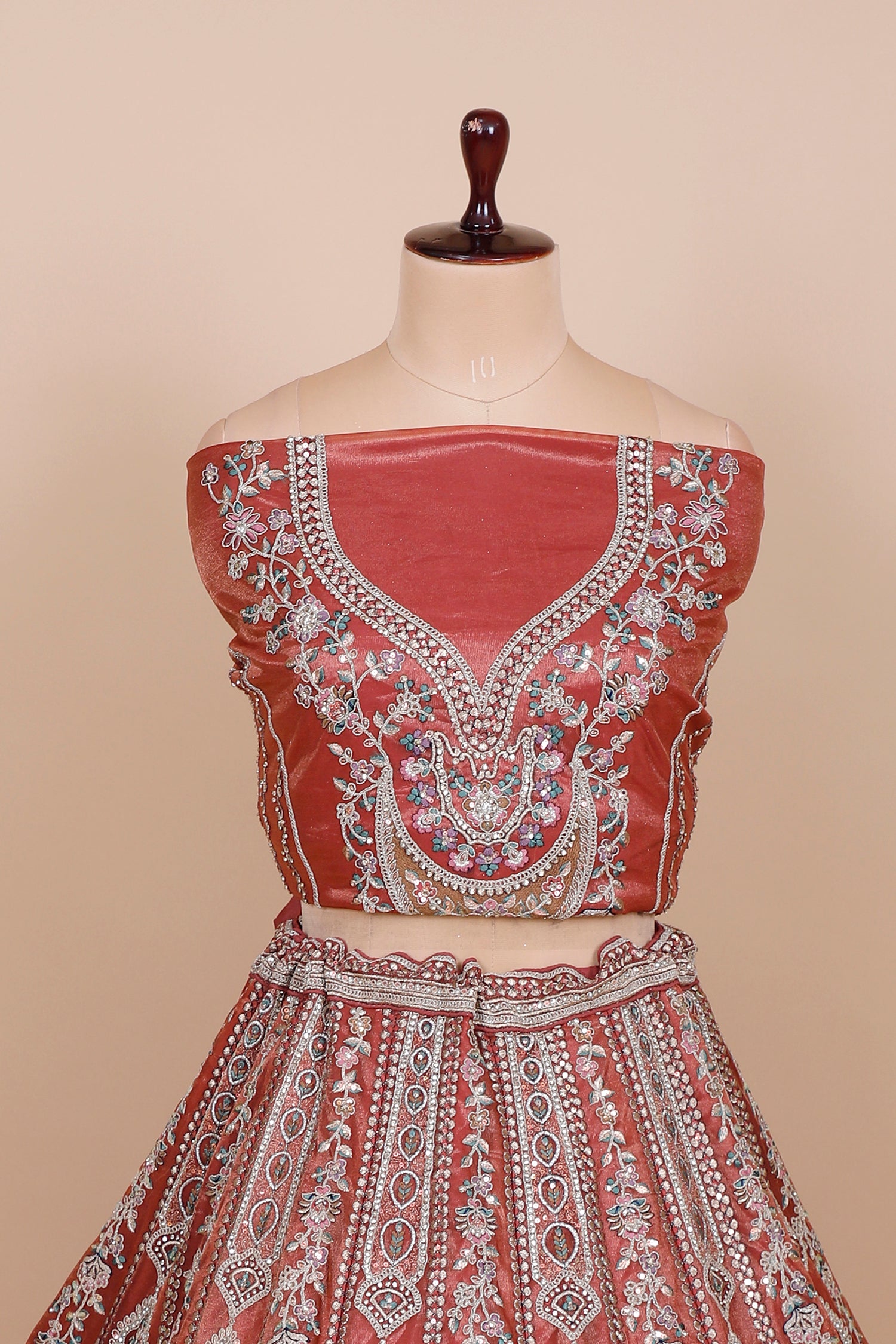 Dark Red Shimmer Lehenga With Multi Work