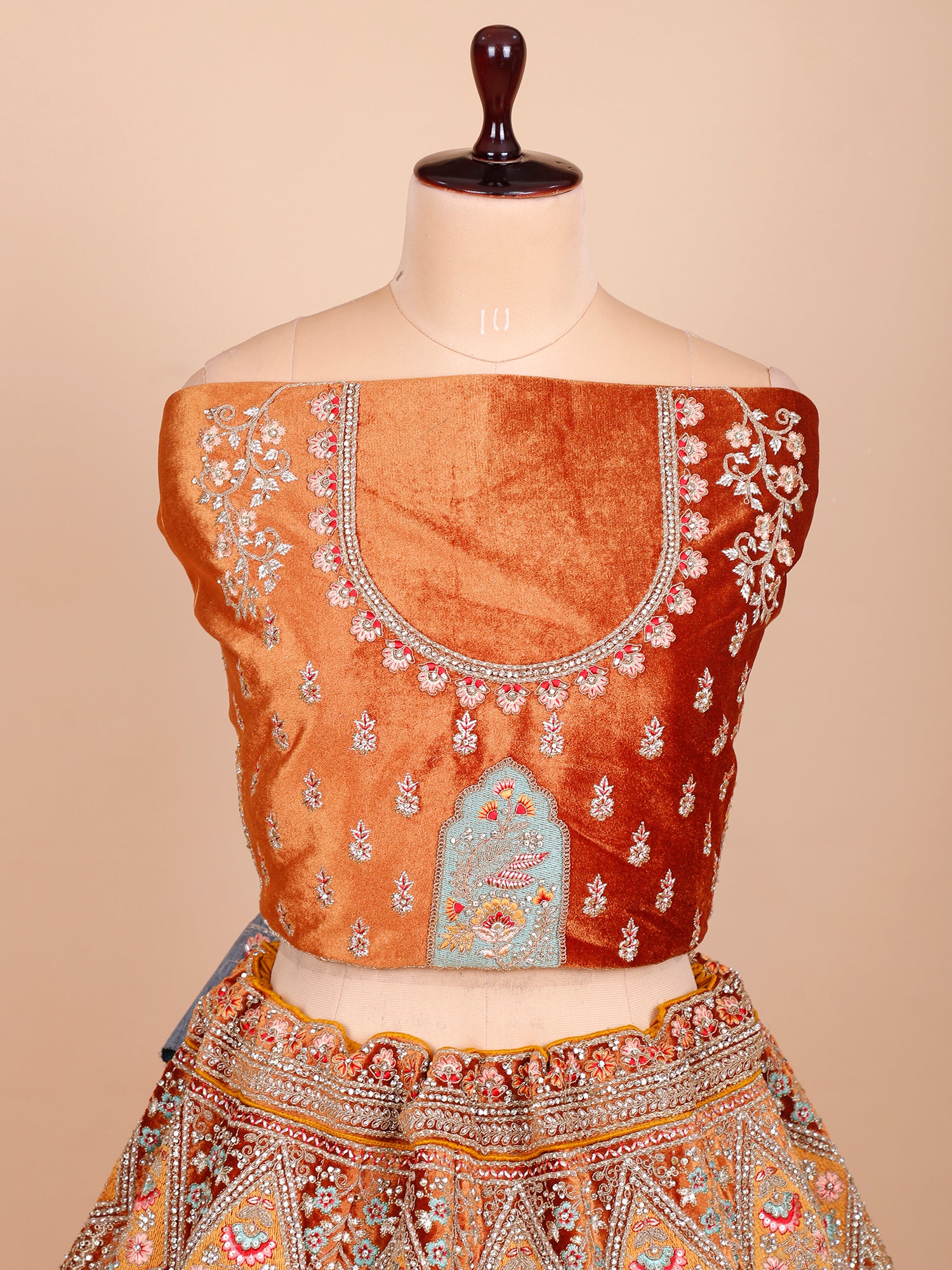 Rust Velvet Bridal Lehenga With Multi Work