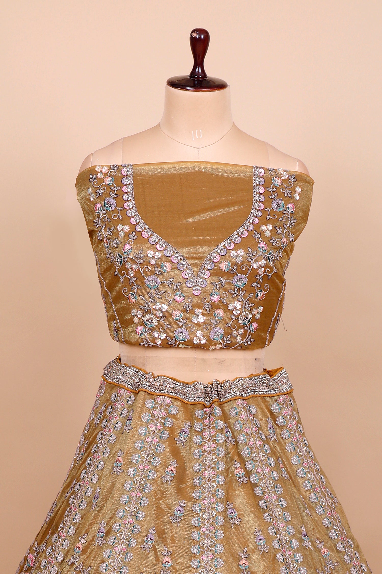 Copper Gold Shimmer Lehenga With Intricate Jarkan