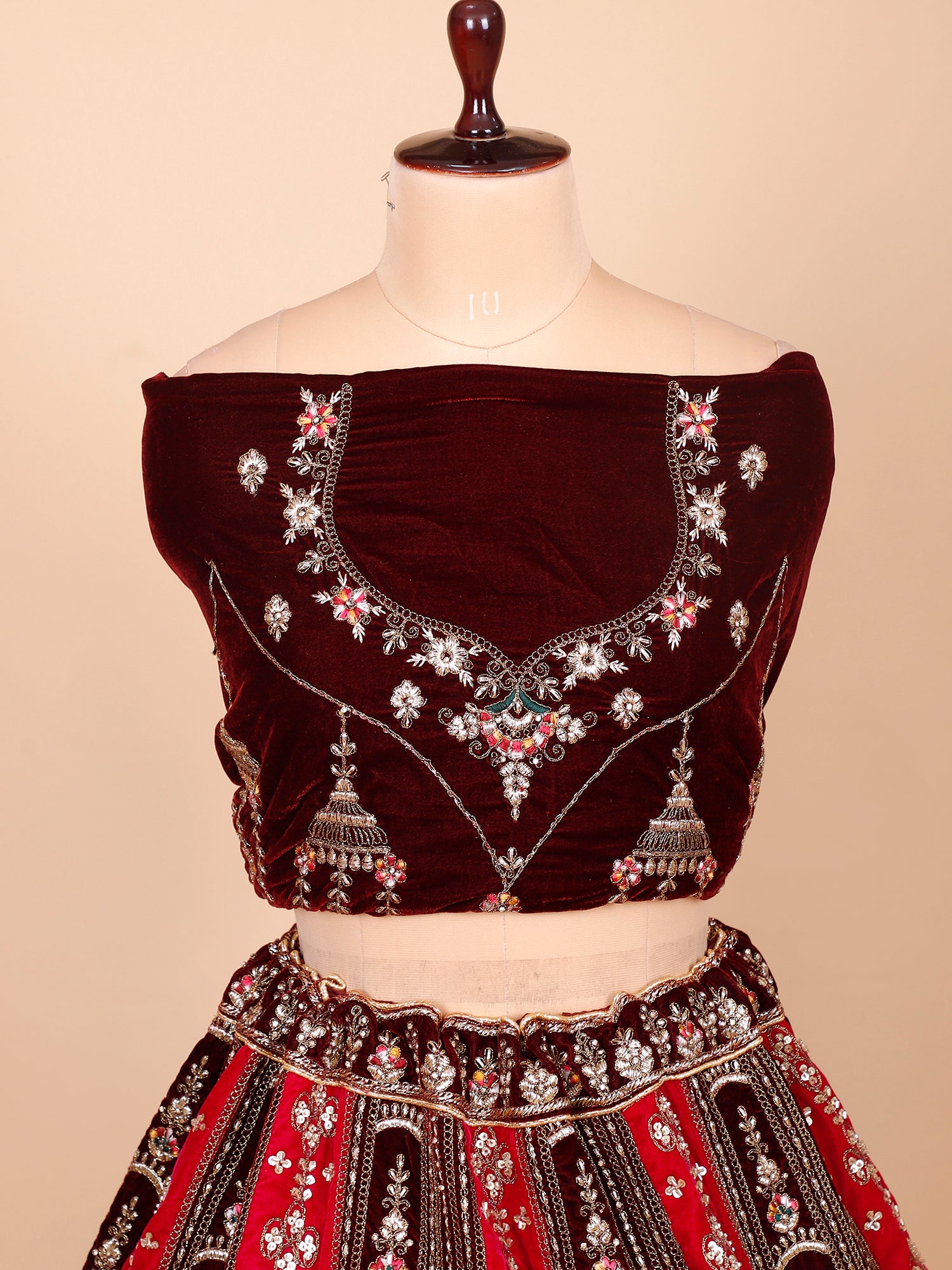 Velvet Bridal Lehenga In Maroon And Red