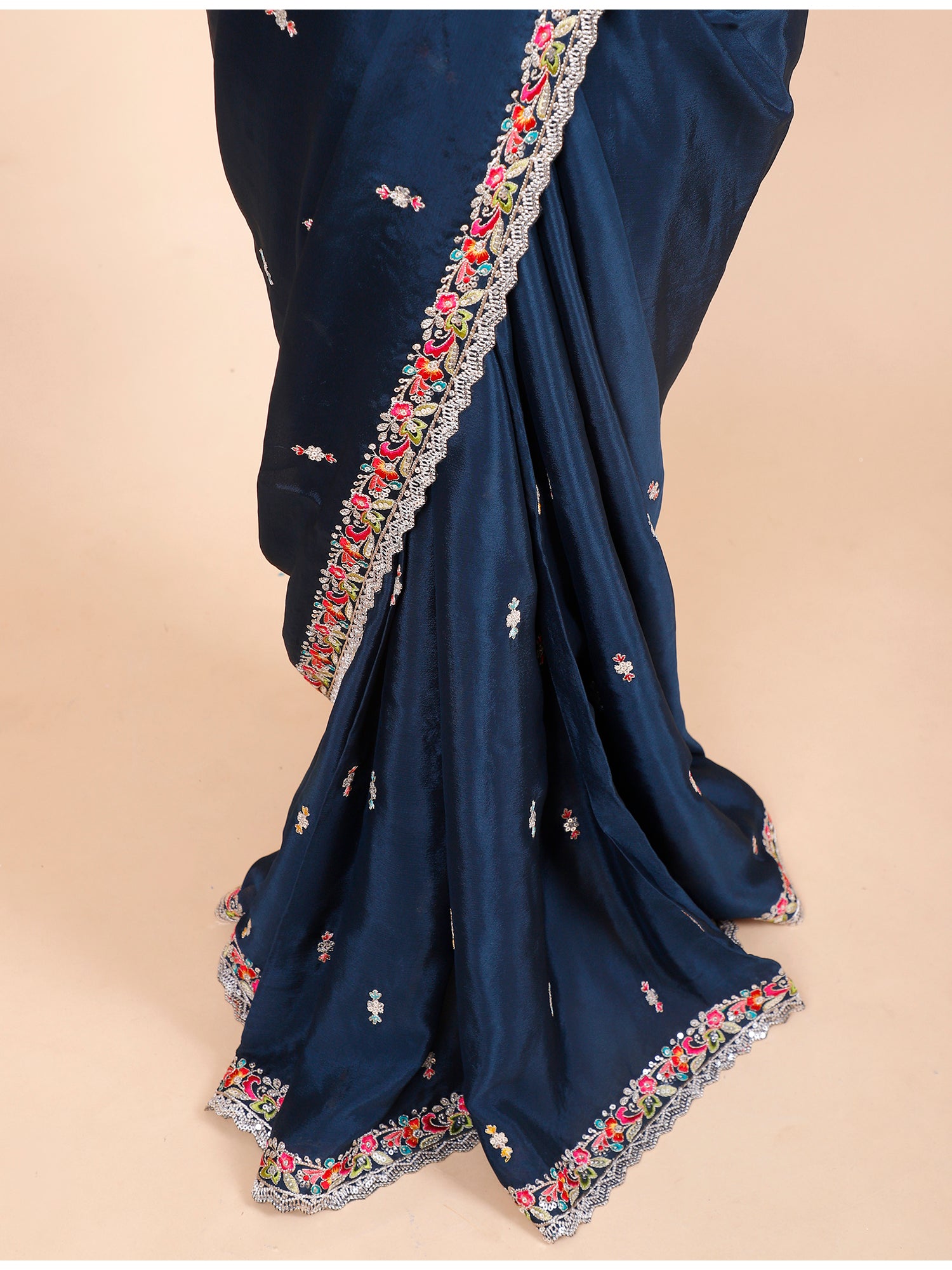 Dark Blue Chinon Silk Saree