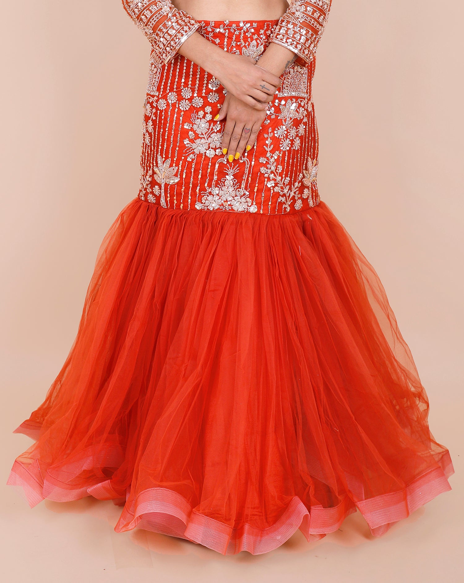 Rust Net Embroidered Beaded Crop Top