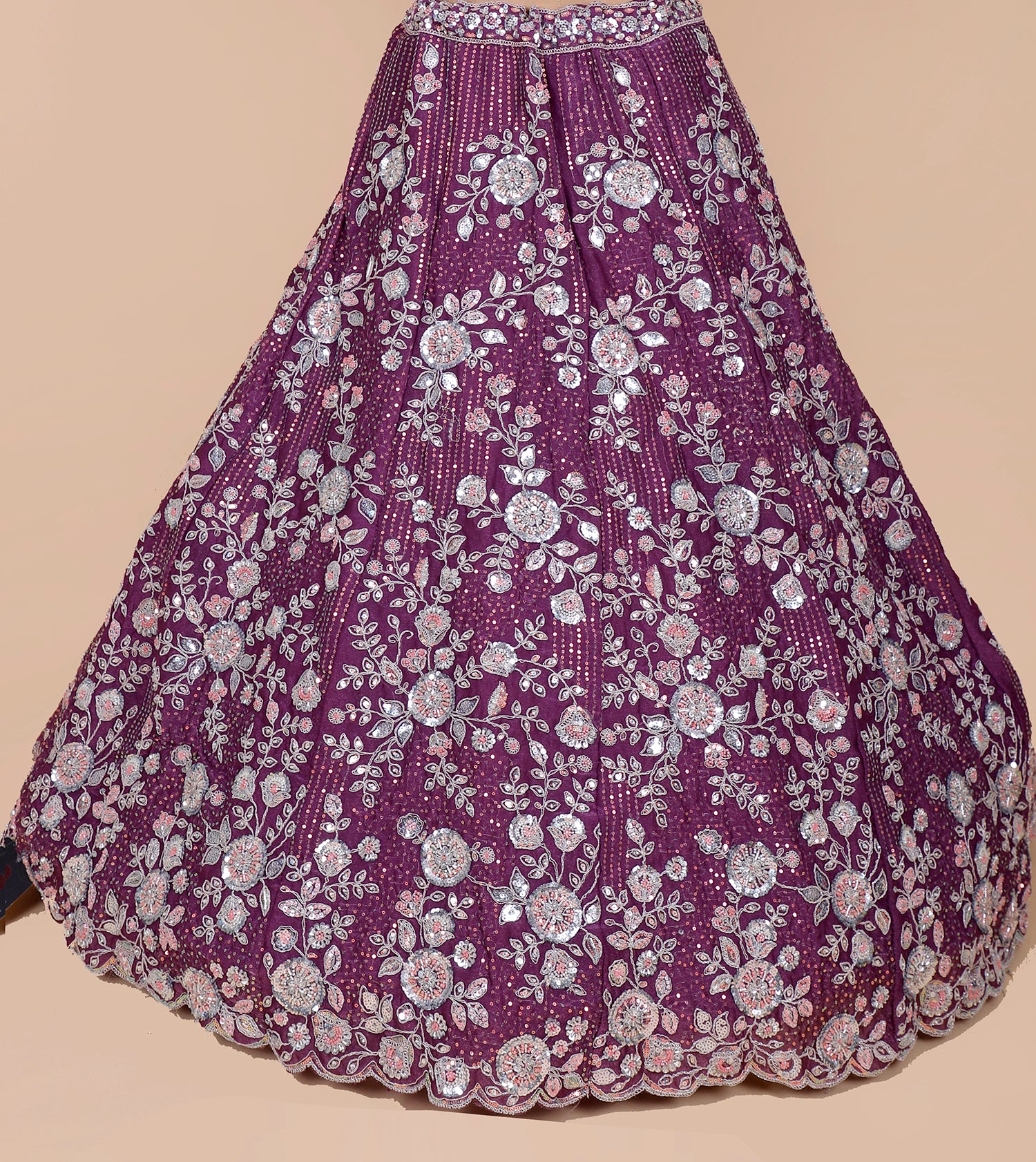 Dark Purple-Red Shimmer Lehenga With Sequins & Beads