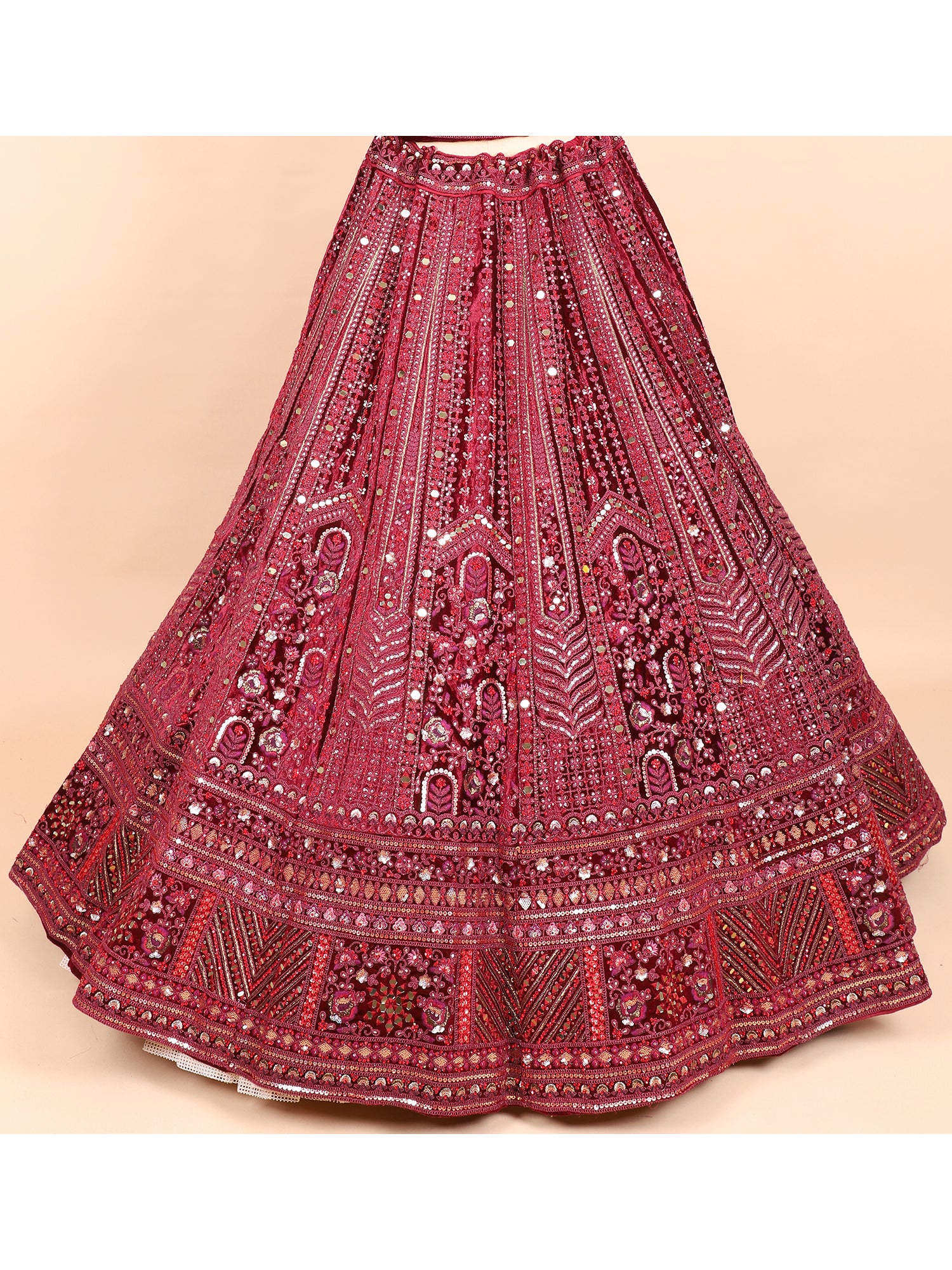 Opulent Maroon Jarkan Mirror Velvet Bridal Lehenga