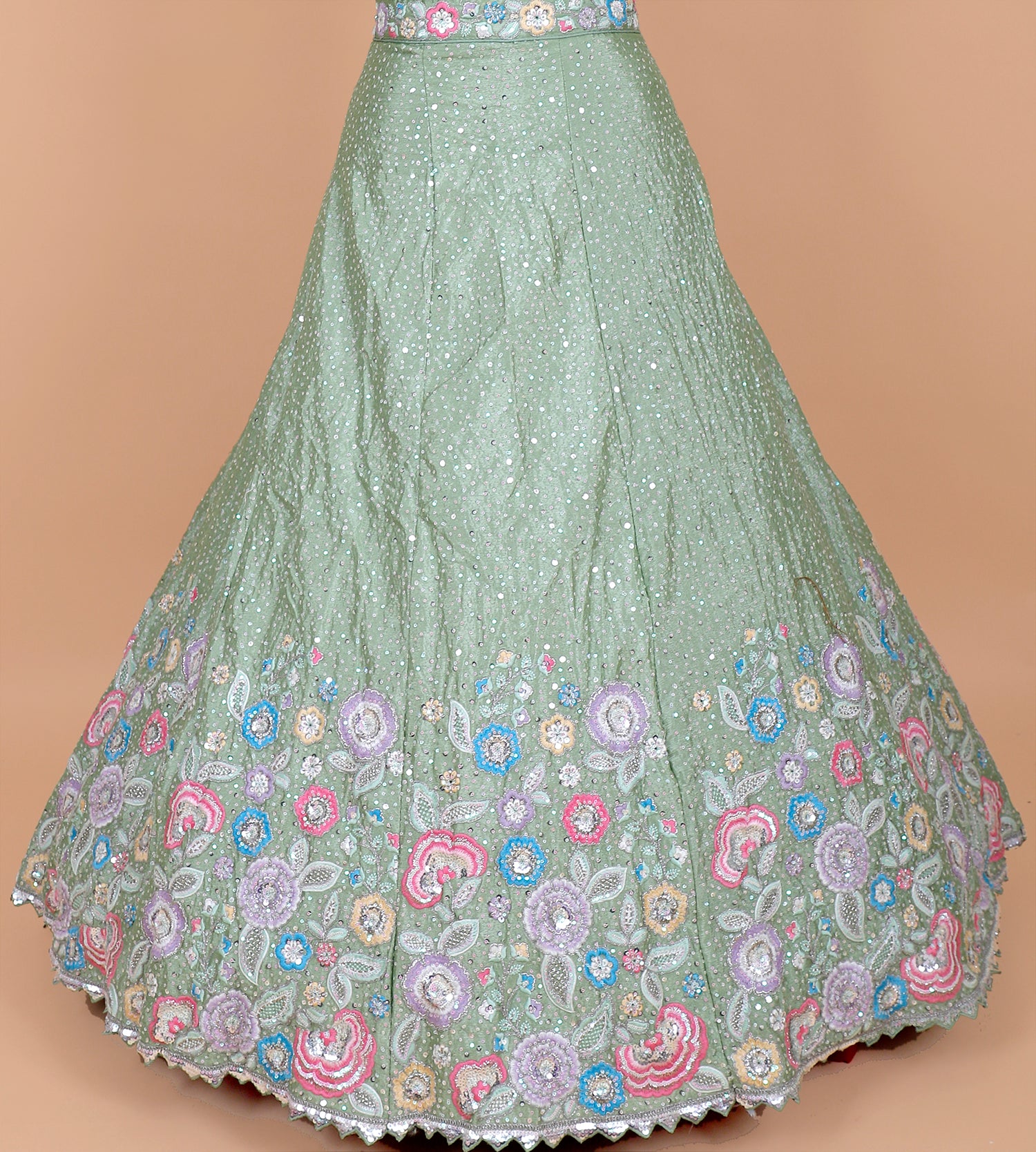 Sea Green Chinon Lehenga With Thread