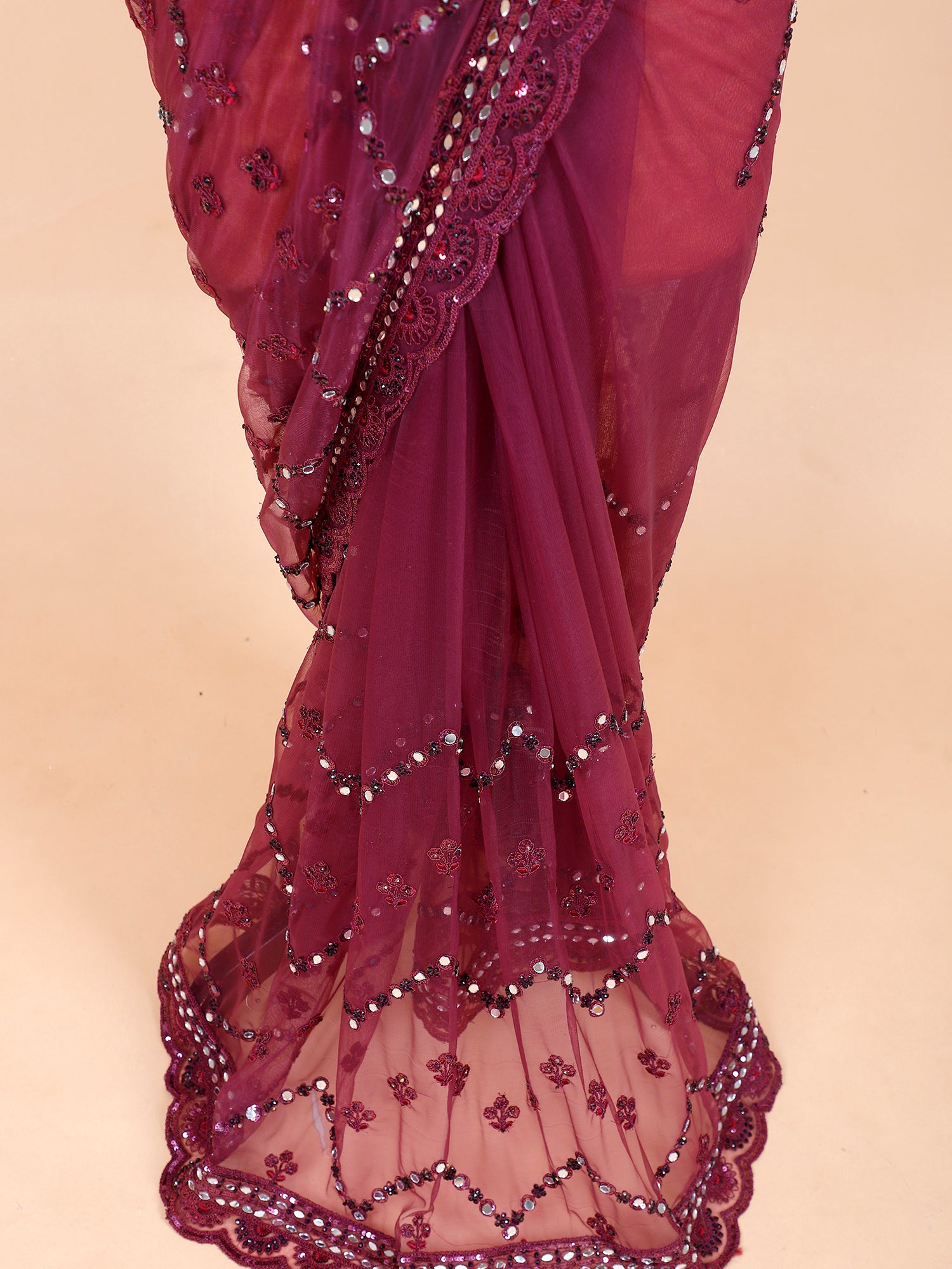 Purple Embroidered Net Sequin Saree
