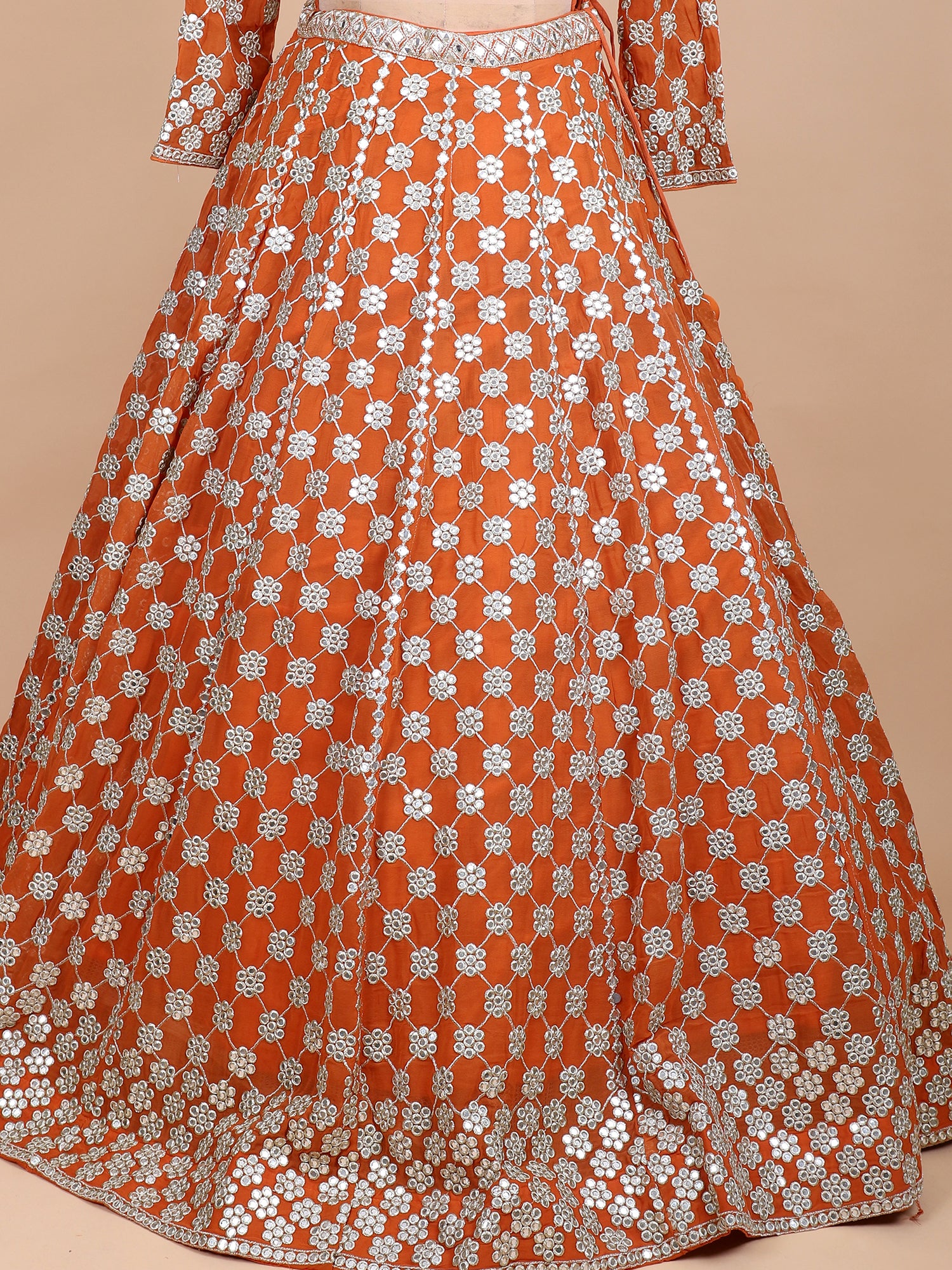 Sunset Orange Georgette Lehenga With Jarkan Embroidery