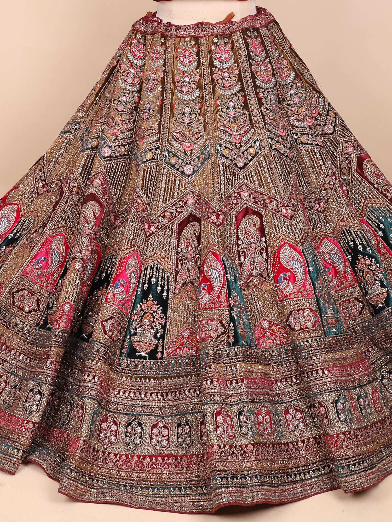 Eternal Multi Velvet Lehenga Adorned With Celestial Jarkan Detailing