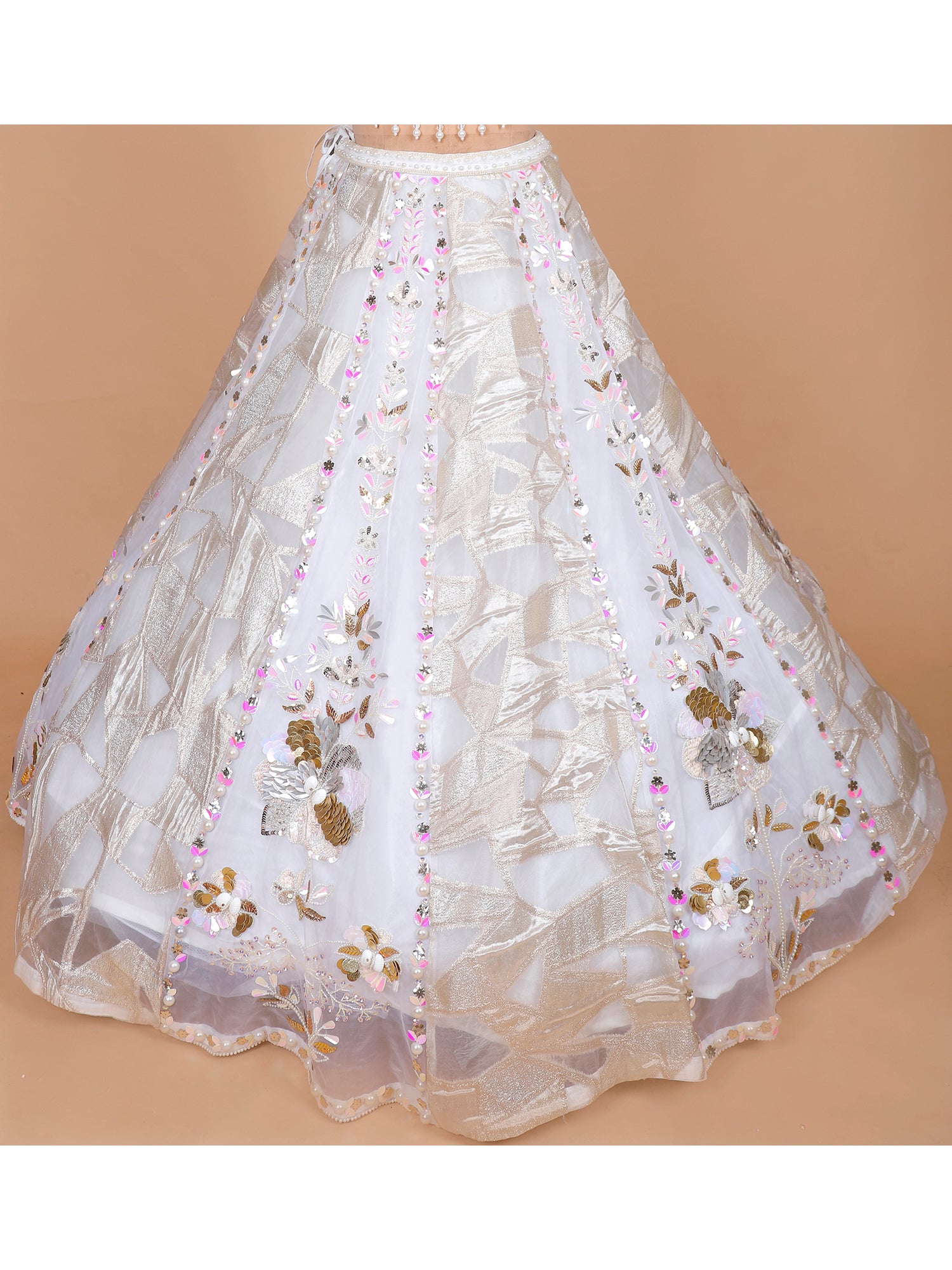 White Net Lehenga With Appliqué,