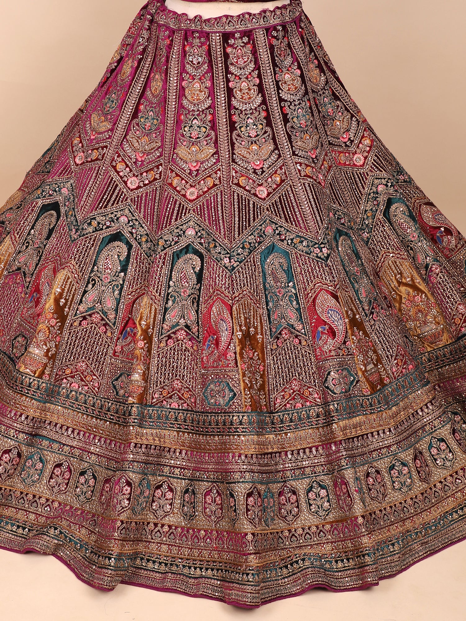 Maroon Velvet Lehenga With Jarkan Stones & Fine Thread Embroidery