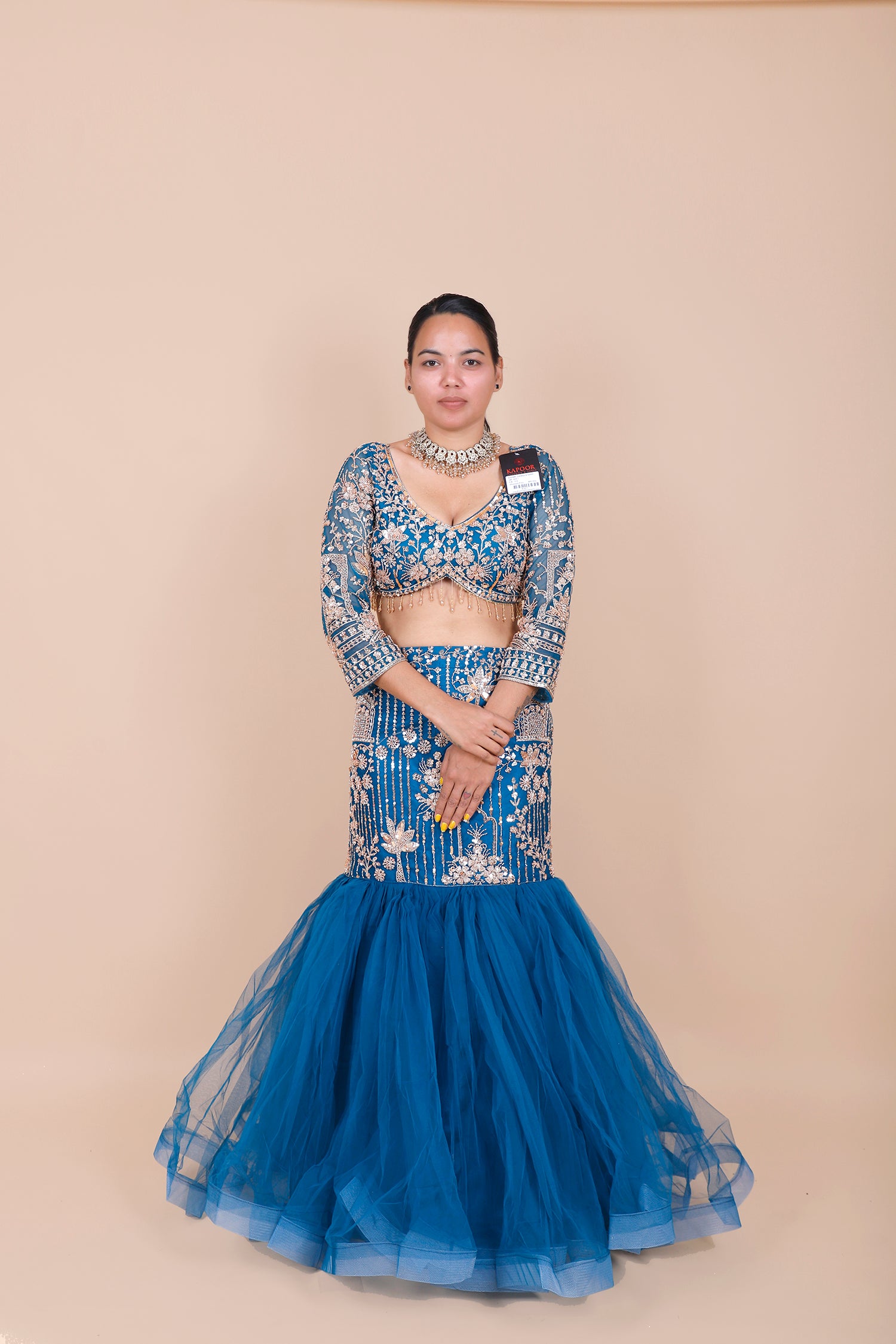 Blue Net Embroidered Beaded Crop Top