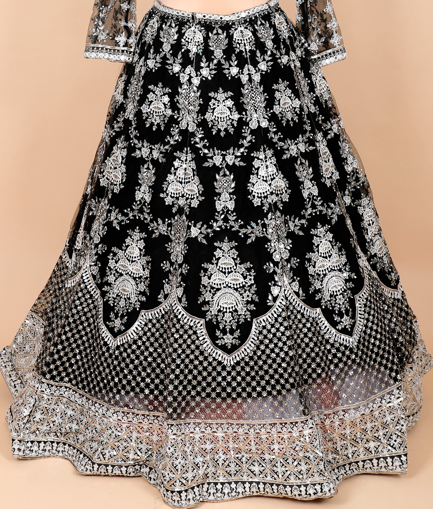 Black Net Embroidered Crop Top With Threads