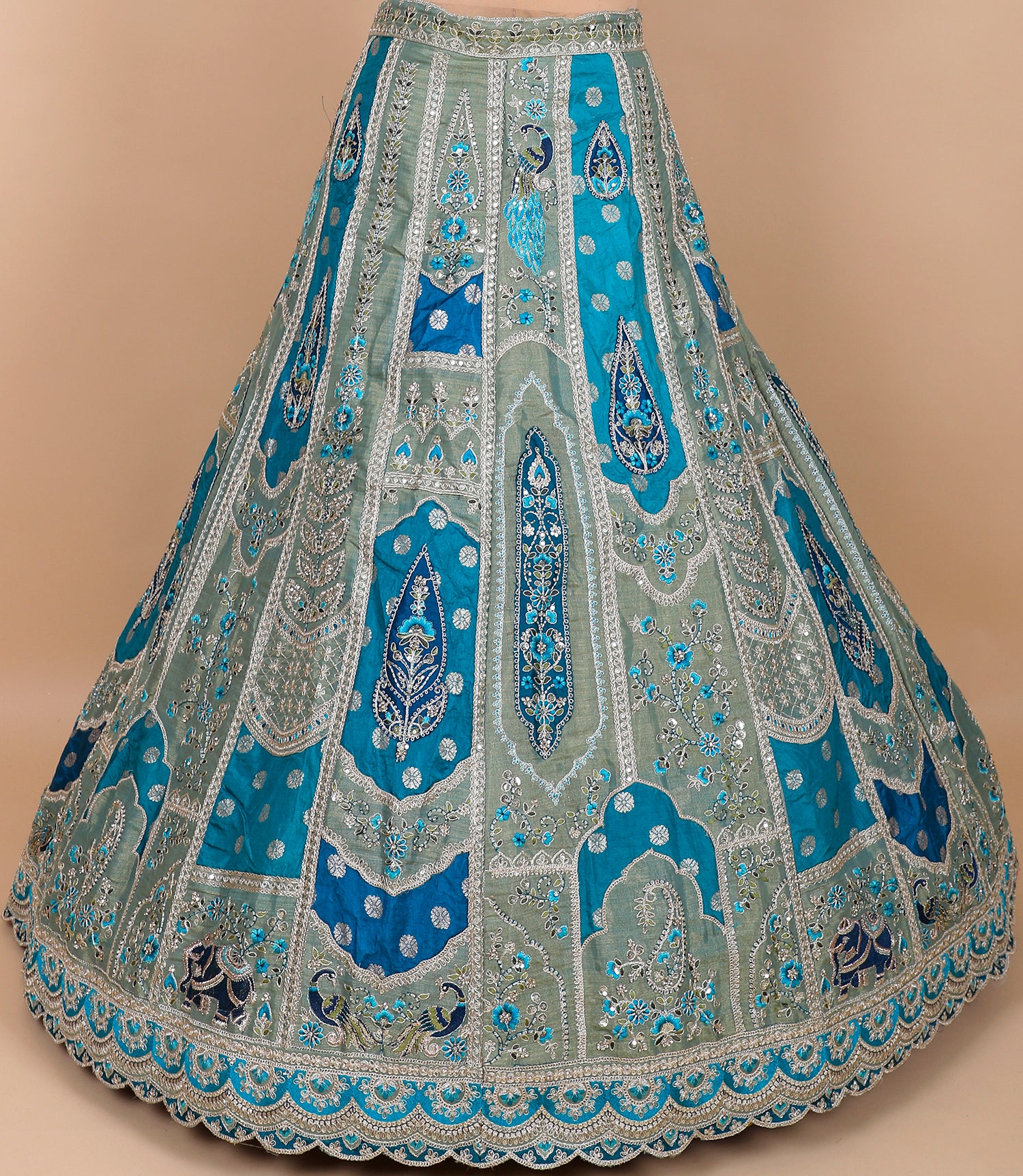 Green-Blue Silk Lehenga With Multi-Thread