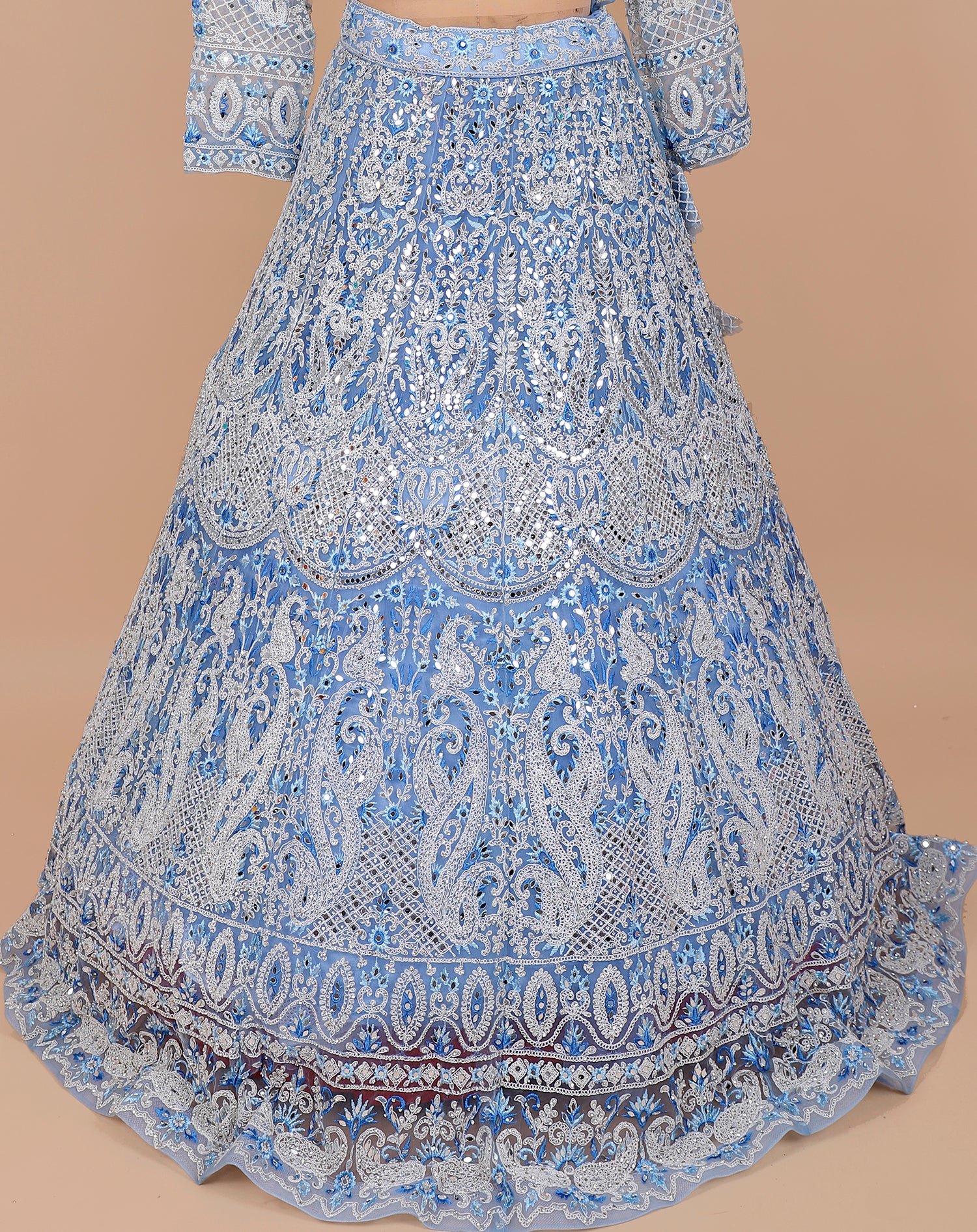 Sky Blue Net Embroidered Crop Top With Mirror