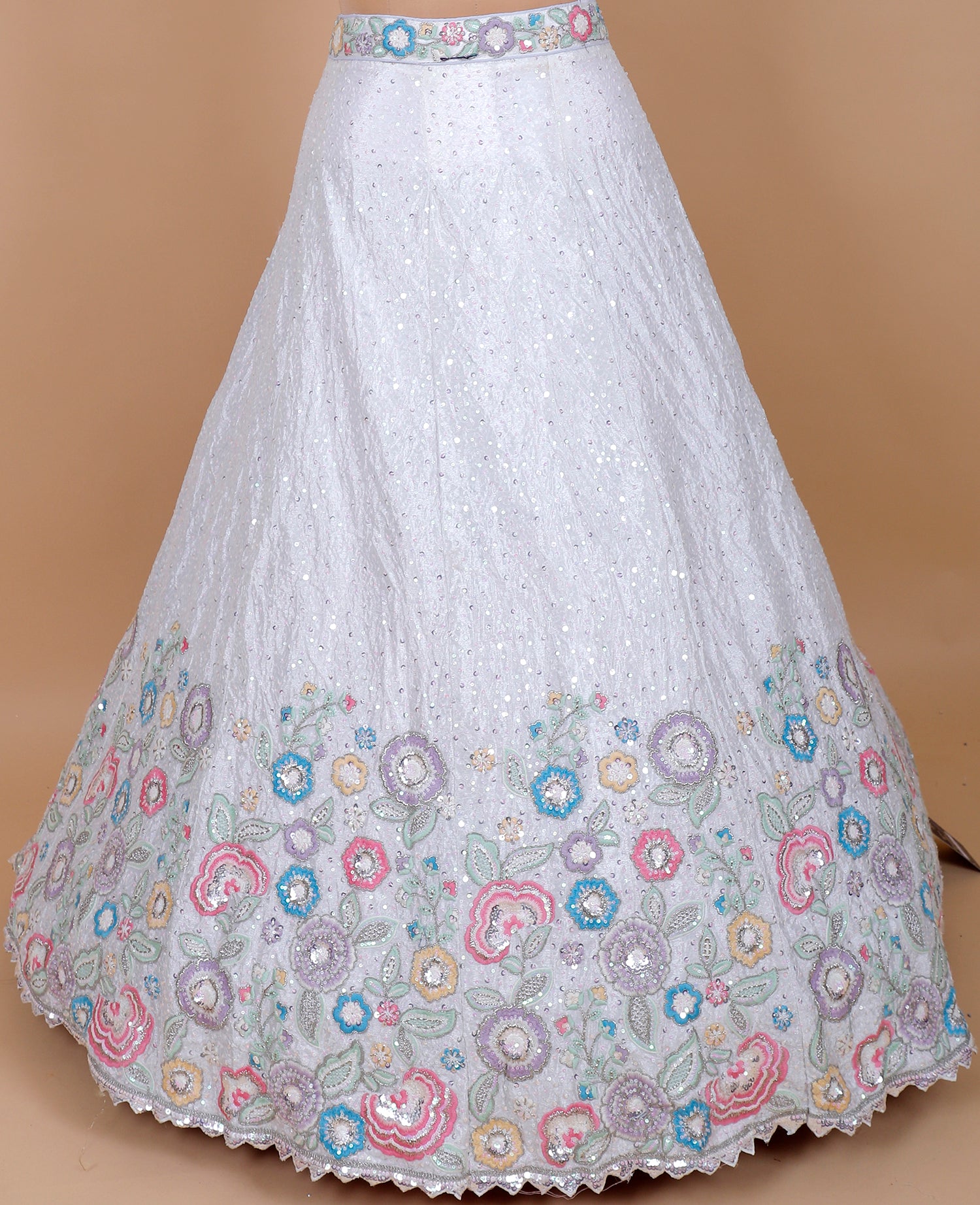 White Chinon Lehenga With Intricate Jarkan