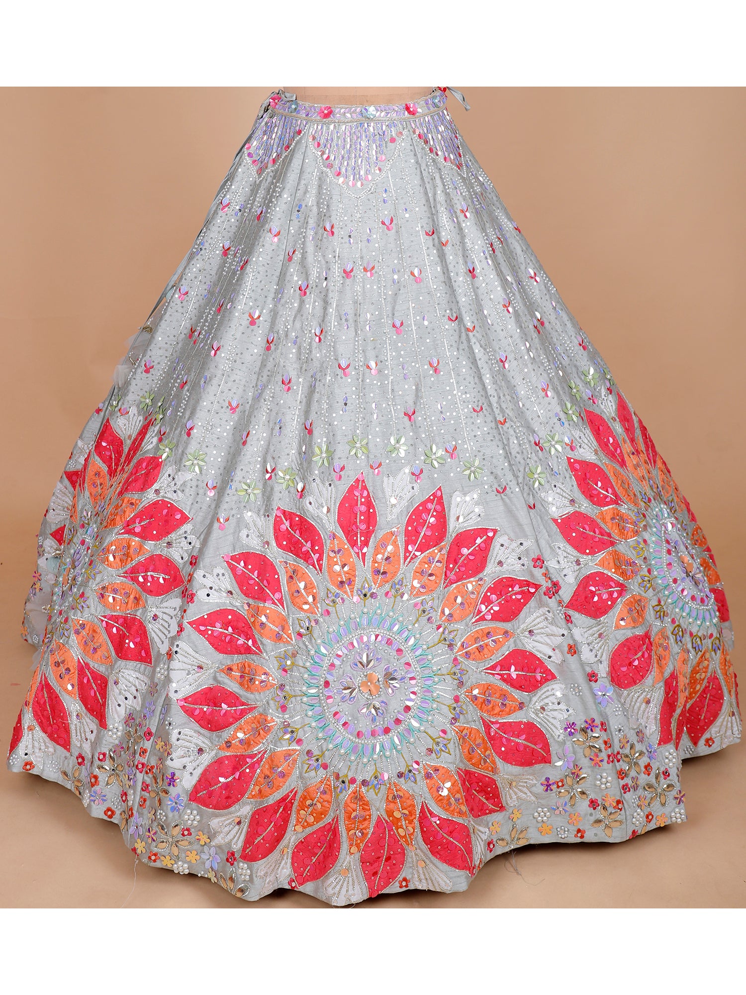Grey Multi Silk Lehenga With Beads, Jarkan