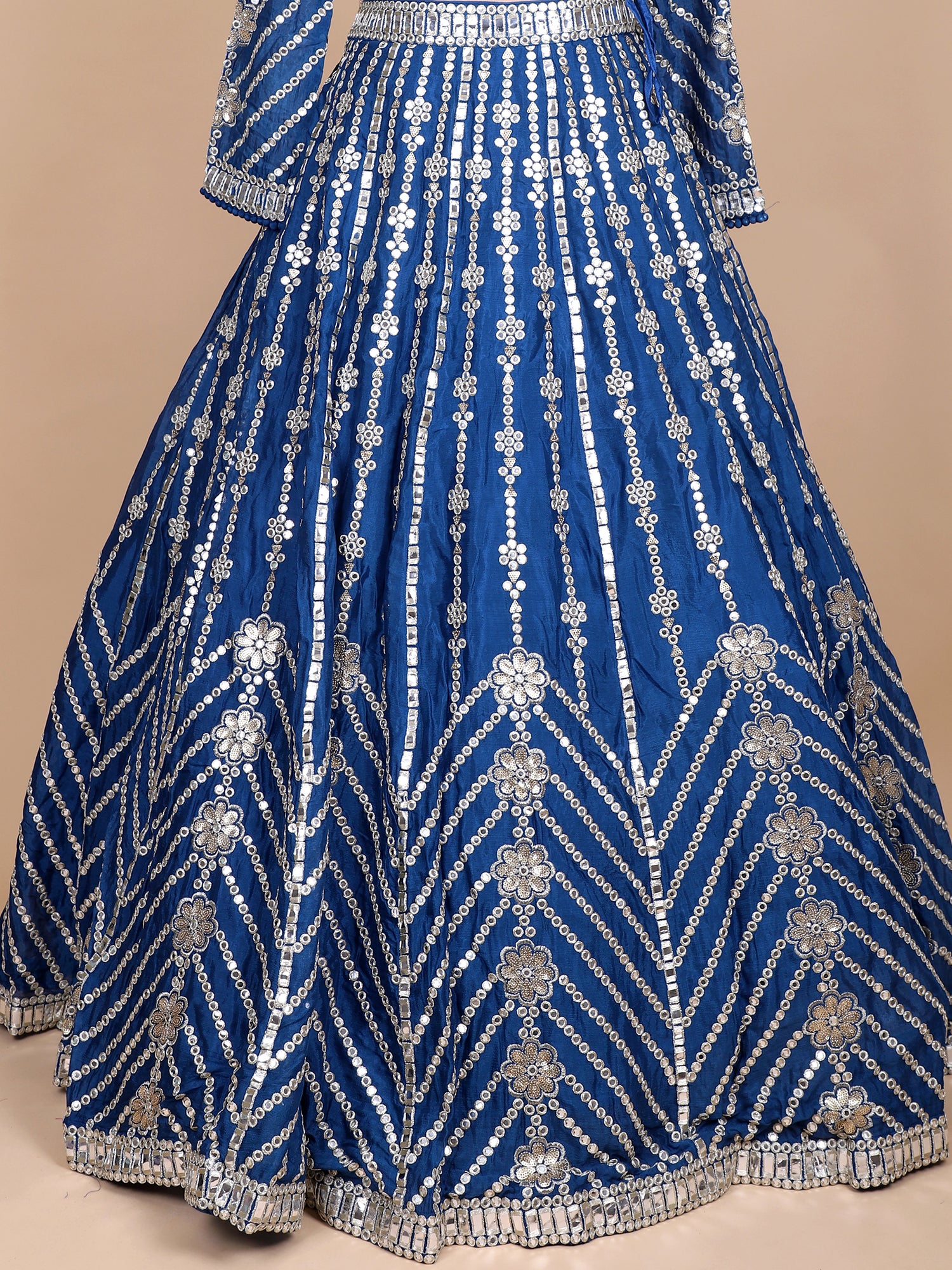 Midnight Blue Silk Lehenga With Mirror Embroidery