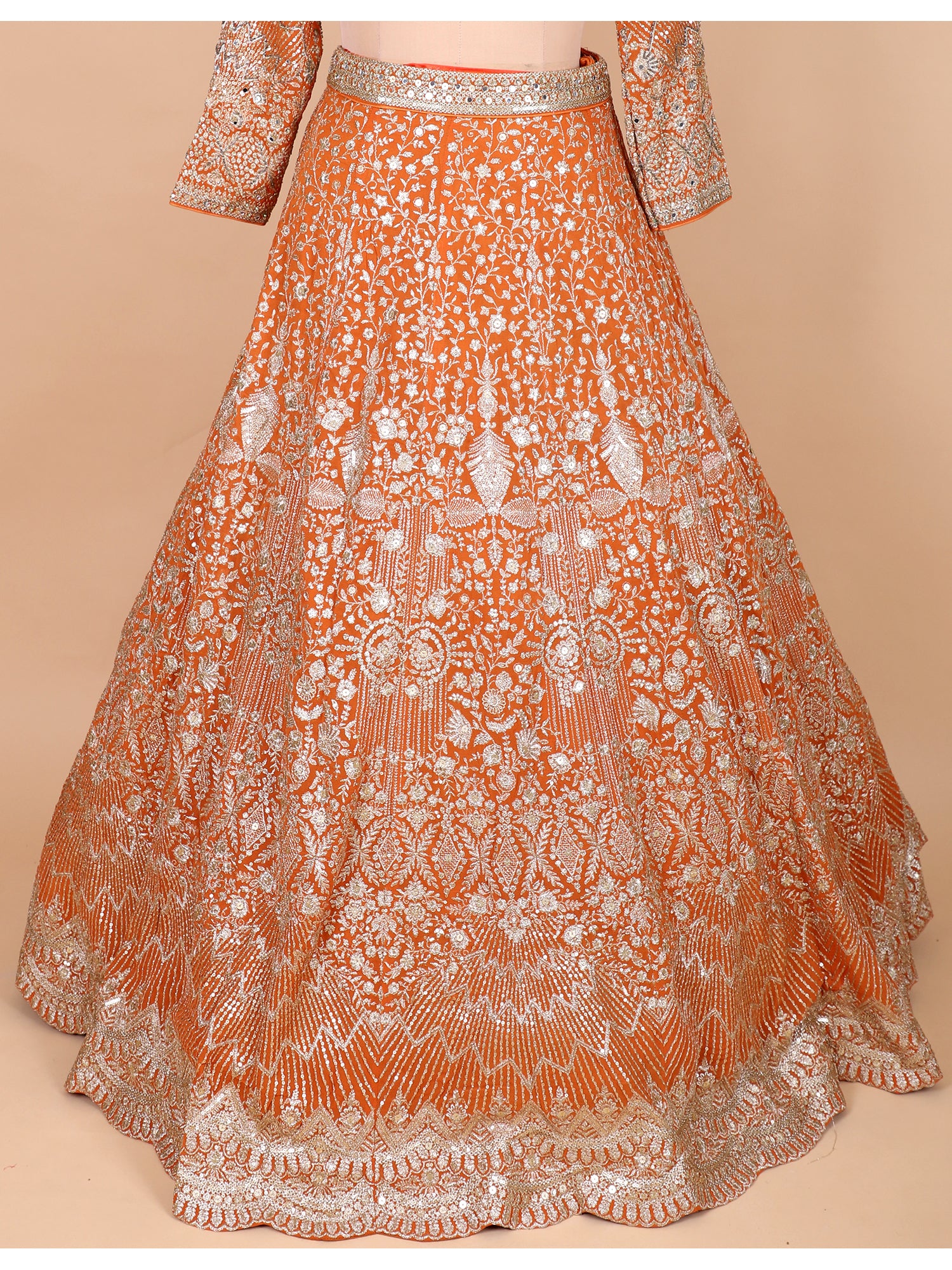 Elegant Orange Lehenga Set With Rich Embroidery And Sequins