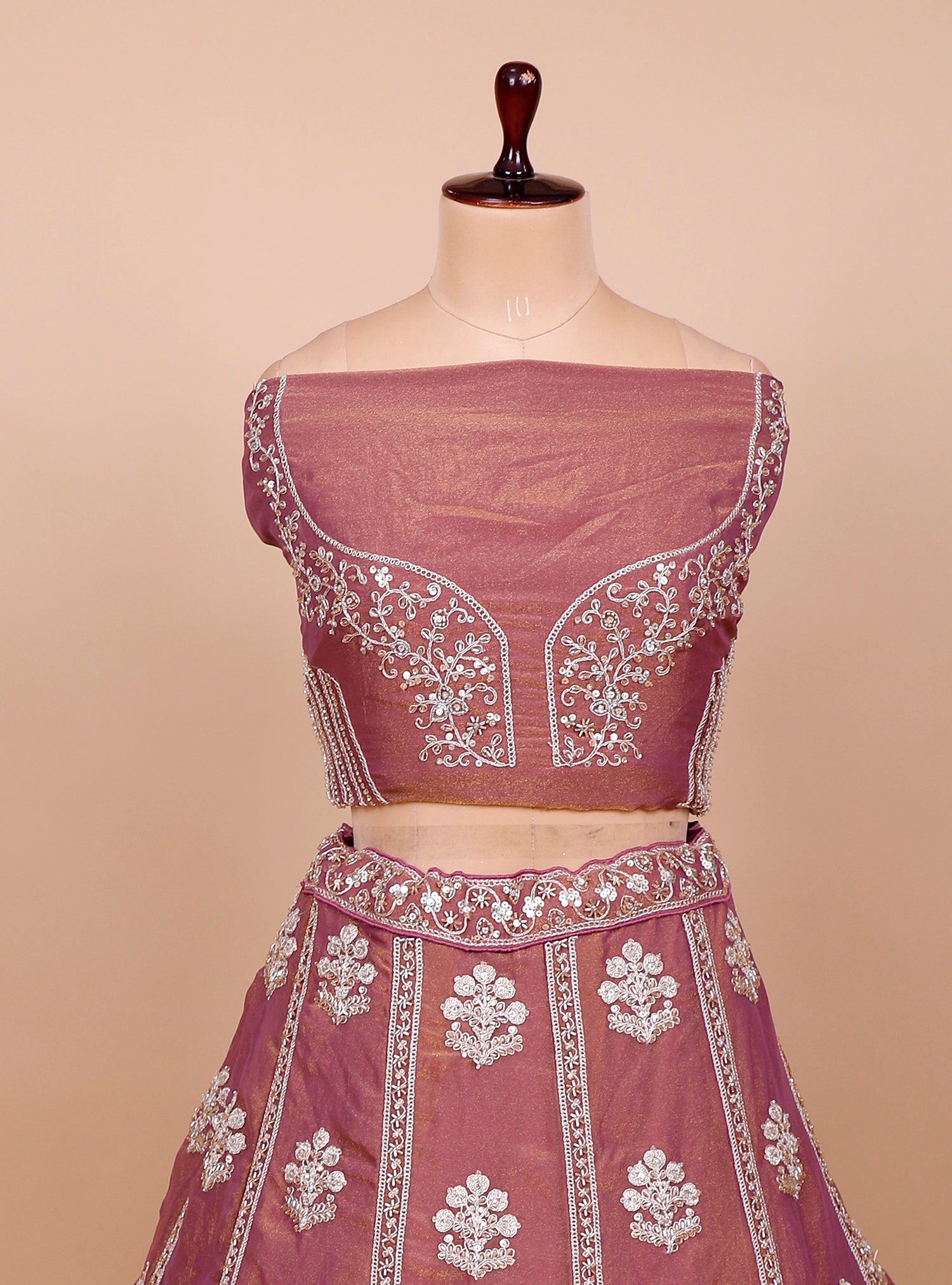 Red Pinkish Shimmer Hand Beaded Lehenga
