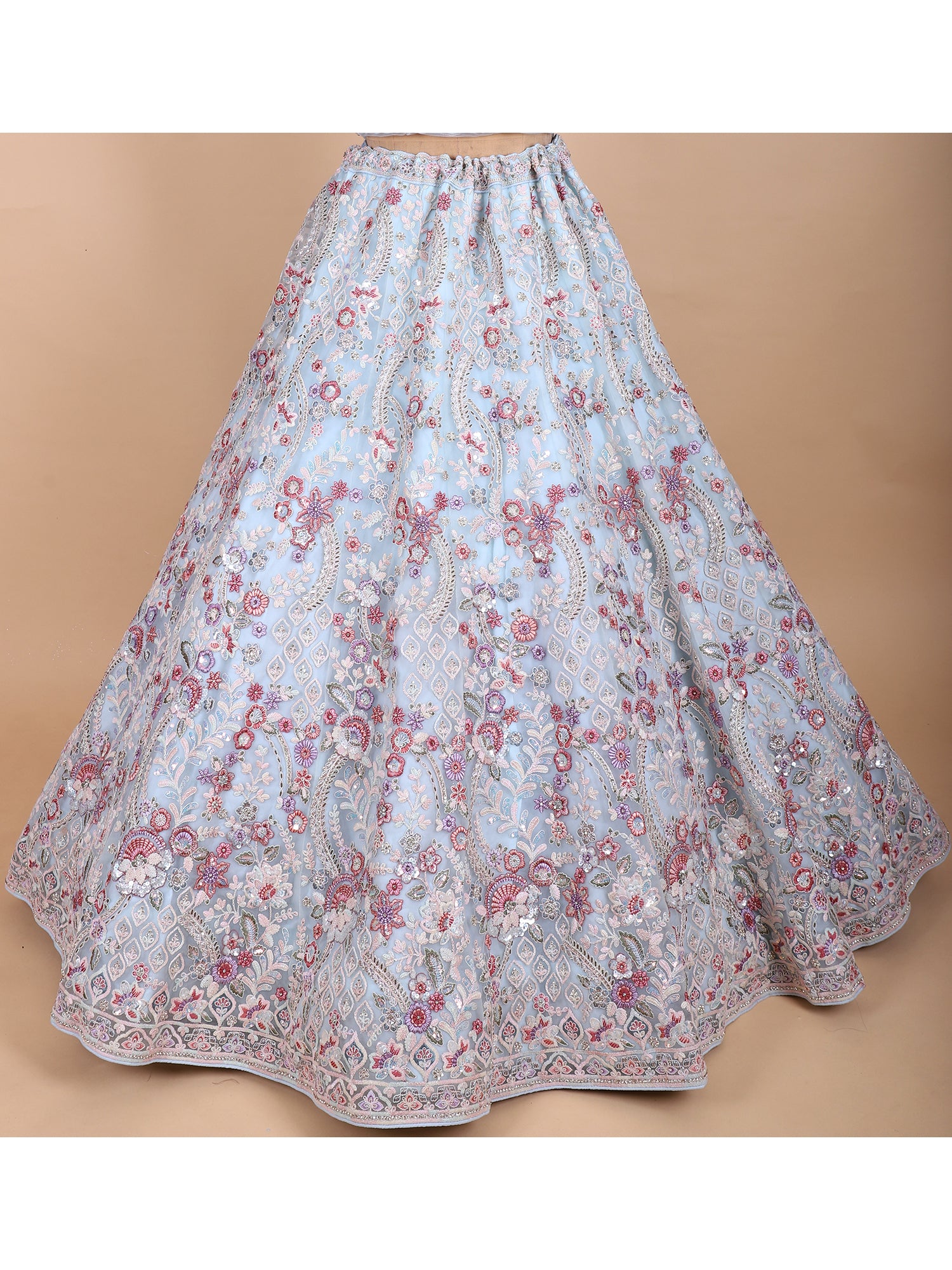 Radiate Elegance In Sky Blue Net Jarkan Lehenga