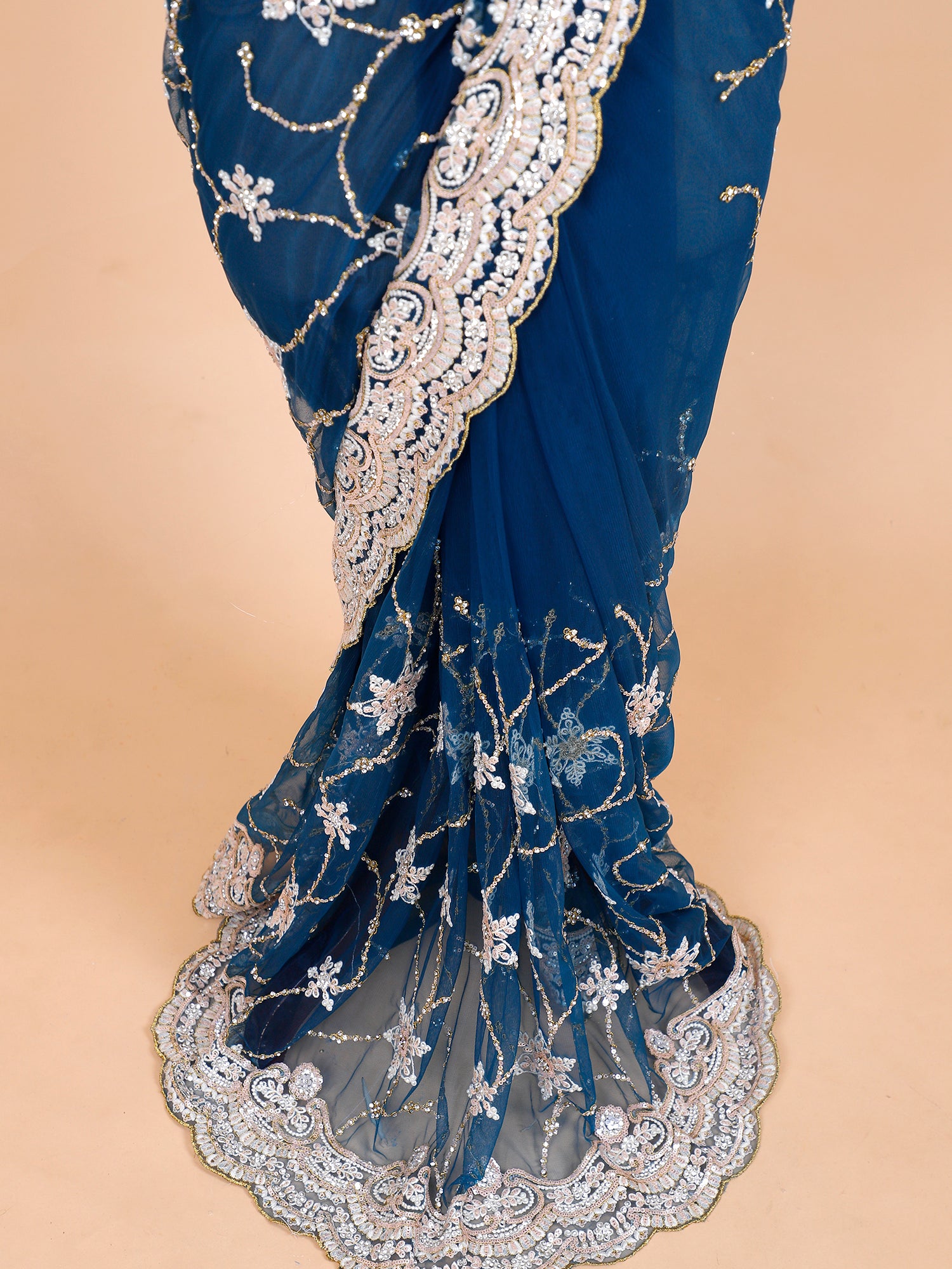 Blue Net Designer Mirror Saree