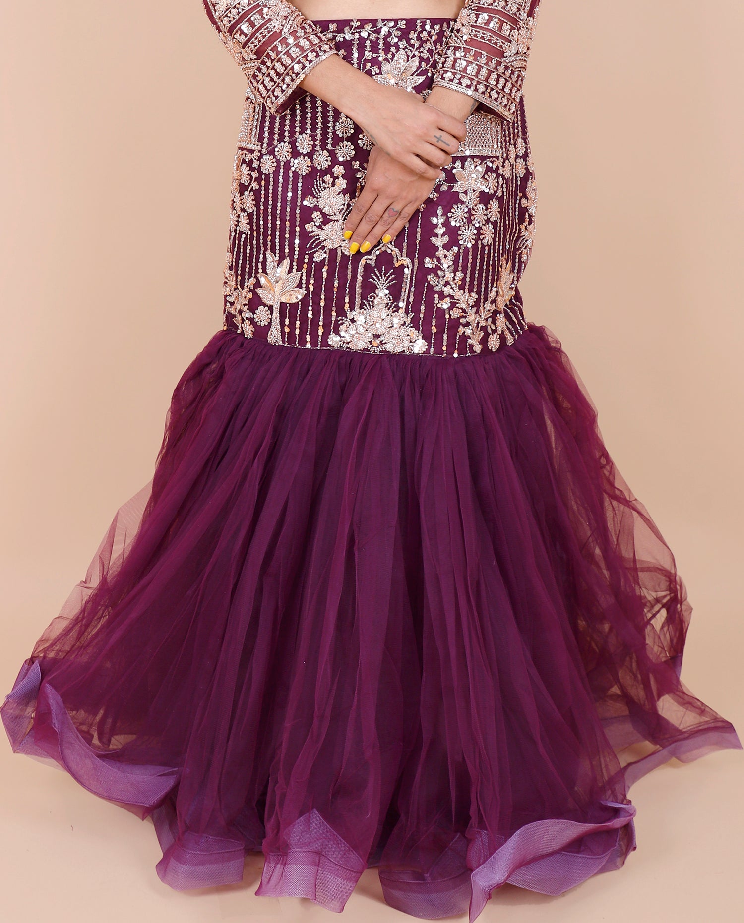 Wine Net Embroidered Beaded Crop Top